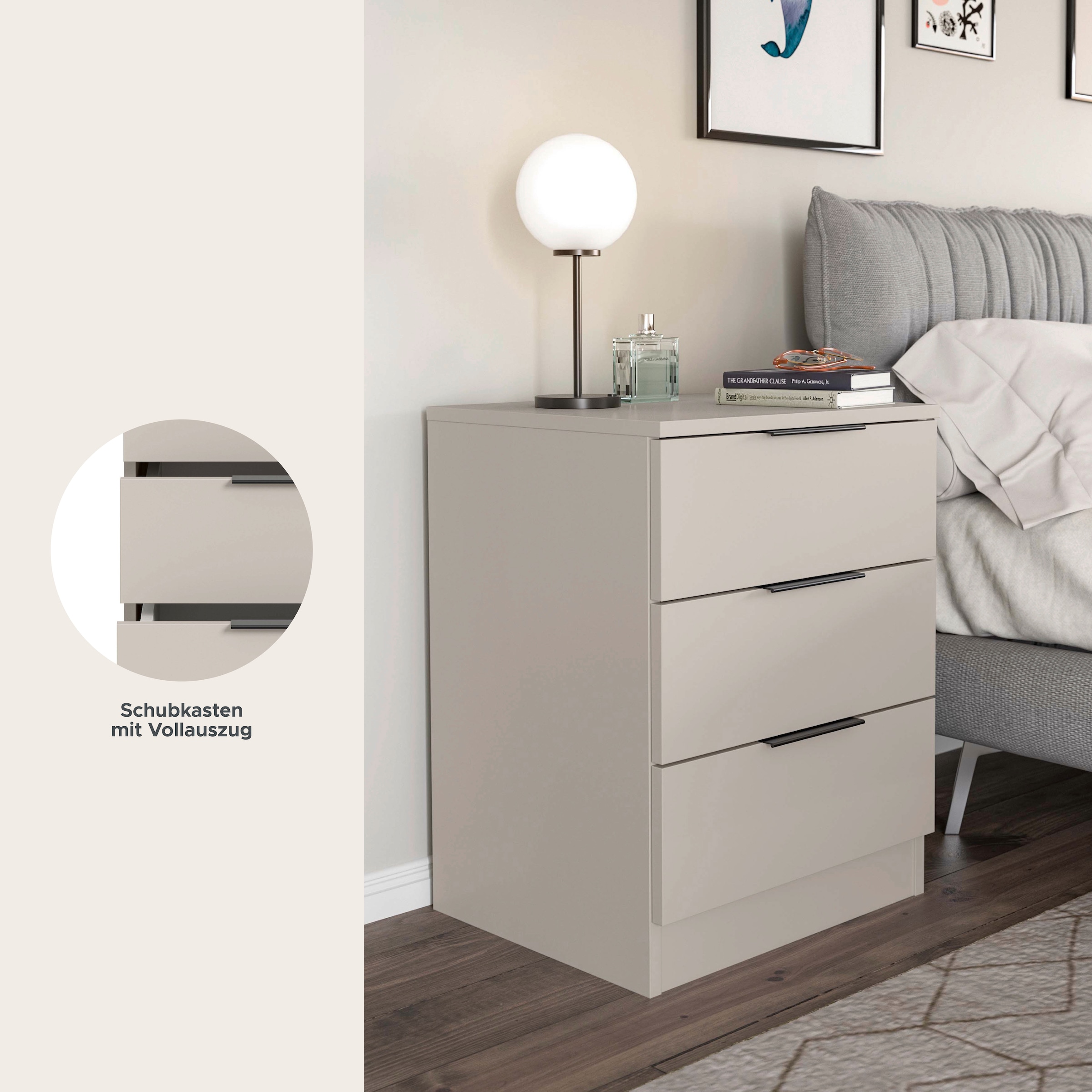 Home affaire Table de nuit »Skarde Nachttisch Beistelltisch Kommode, Breite: 45 cm« 1 cuis tlg. Skarde, Nachtkommode, 3 Schubkästen, kashmir