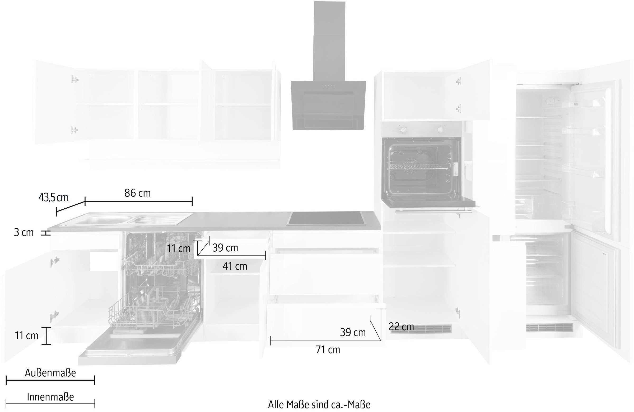 KOCHSTATION Kitchenette »KS-Virginia,neu in verbesserter Ausführung« largeur 390 cm, soft-close, sans appareils électriques