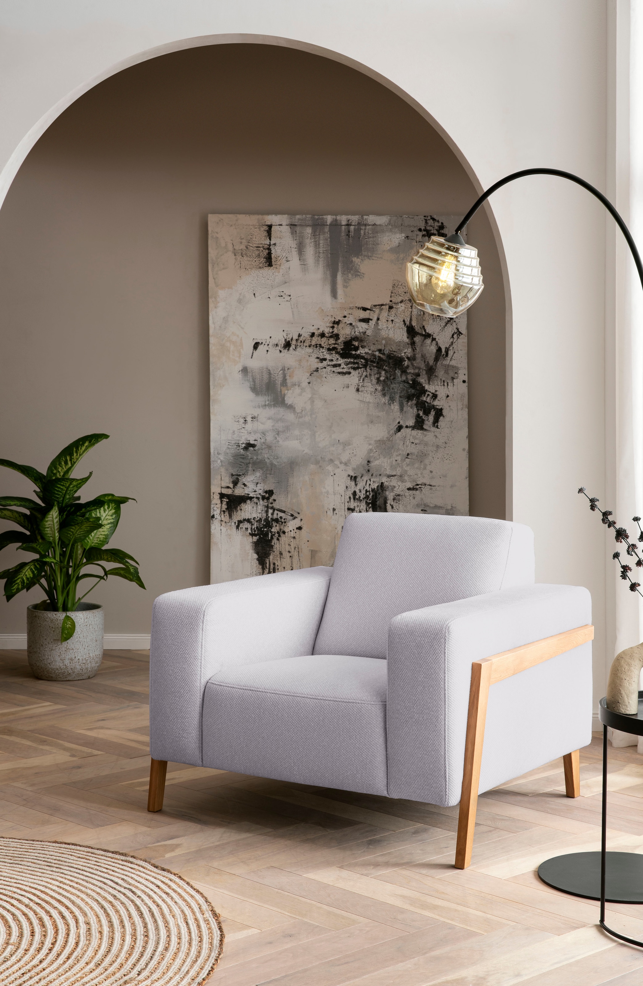exxpo - sofa fashion Fauteuil »Starr, Loungesessel, Scandic Design mit Sichtholz am Armteil« im Scandinavian Design, mit Massive Holzfüsse, frei im Raum stellbar