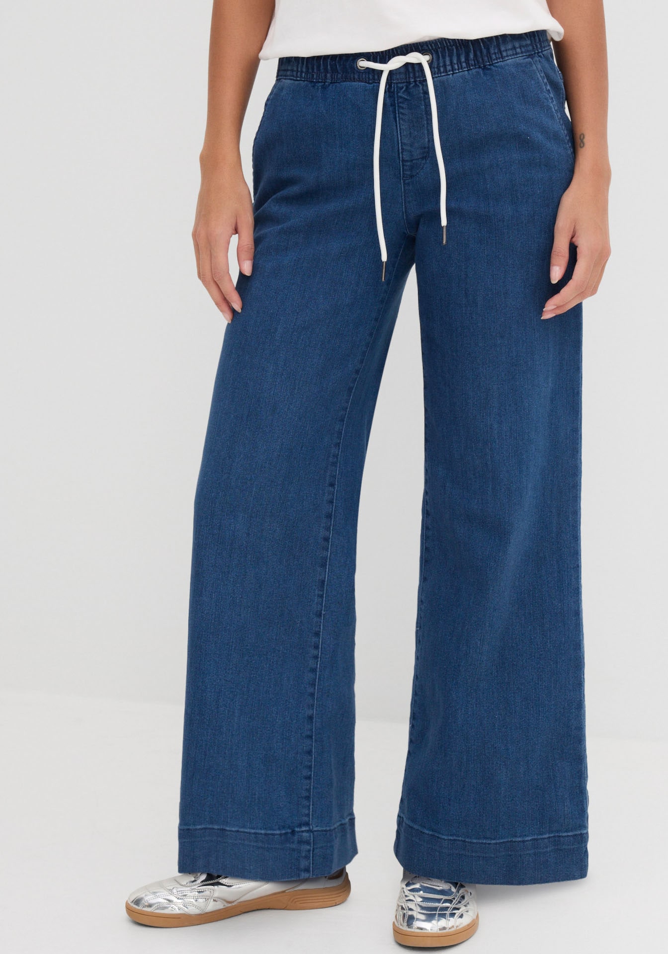 bonprix Jeans large »Wide Leg Jeans Mid Waist, Stretch« Loose Fit Passform, mit elastischem Bund und Tunnelzug