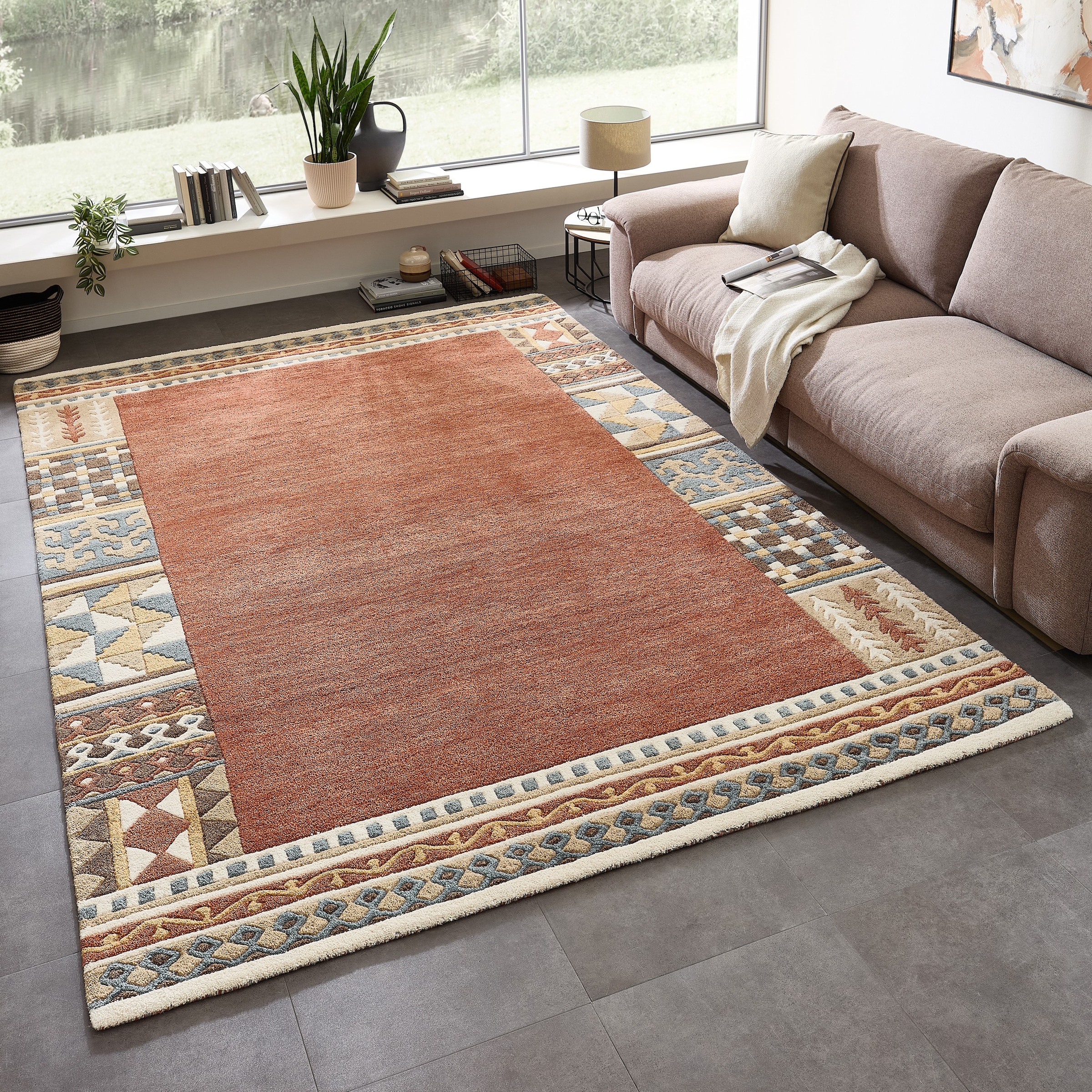 THEKO Wollteppich »Nuno, reine Wolle,  Handgefertigt, mit Bordüre« rechteckig 14 mm Höhe handgetuftet, Wohnzimmer, Schlafzimmer, Esszimmer, auch als Läufer