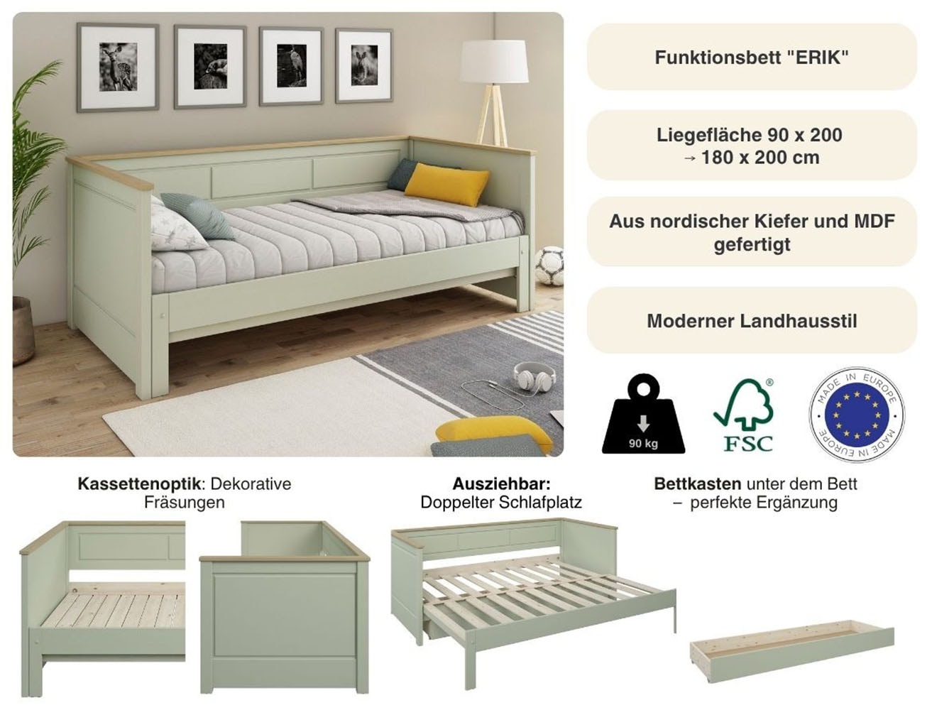 GOODproduct Funktionsbett »" ERIK " TOPSELLER! Daybed, Gästebett, Kinderbett, Massivholz (Kiefer)« stilvolle Kassetten - Fräsung, 90x200cm ausziehbar auf 180x200cm),  2. Schlafplatz ausziehbar, moderner Landhausstil, Schublade optional
