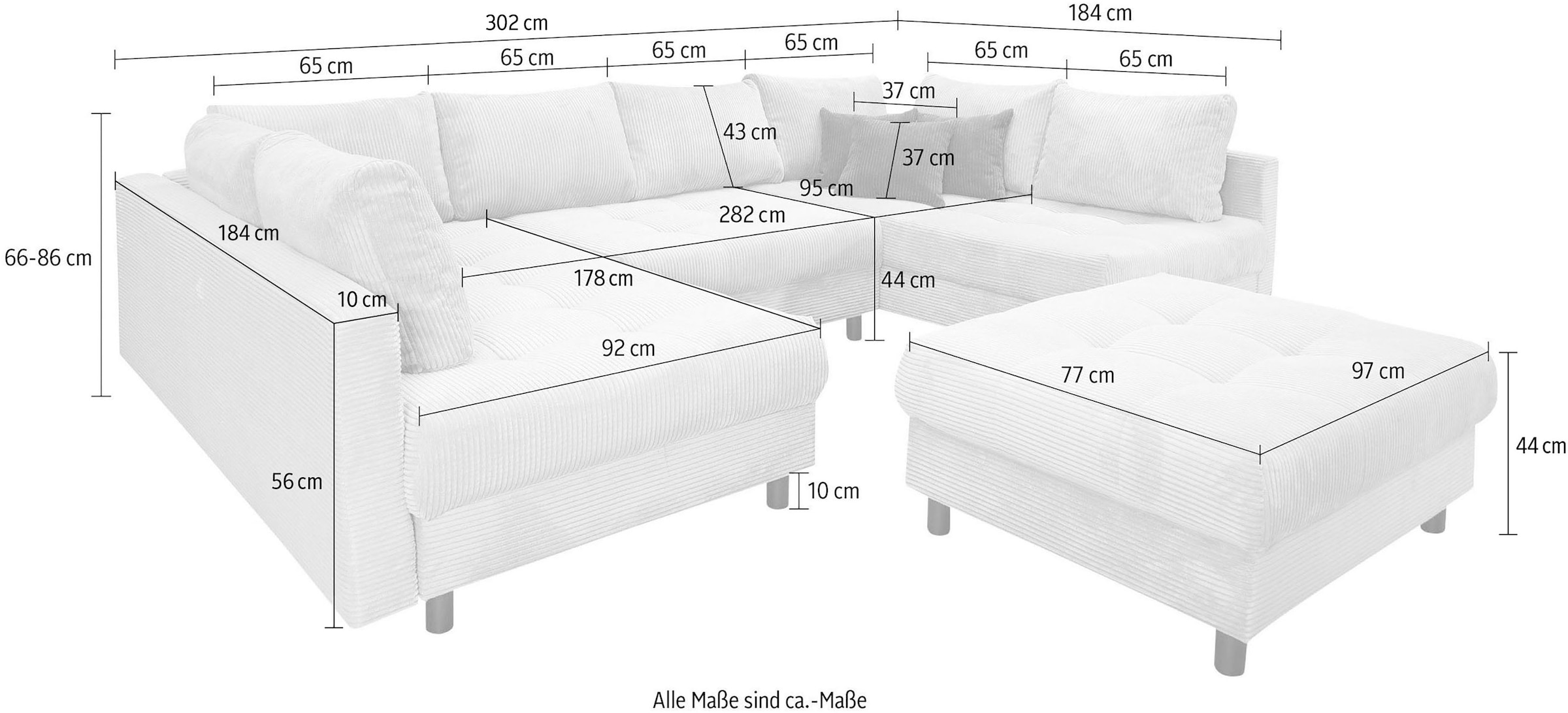 GOODproduct Paysage de salon »Antonia U-Form, B: 298 cm« canapé d'angle, coussins de dossier, 2 ottomanes, noyau ressort Bonnell confortable