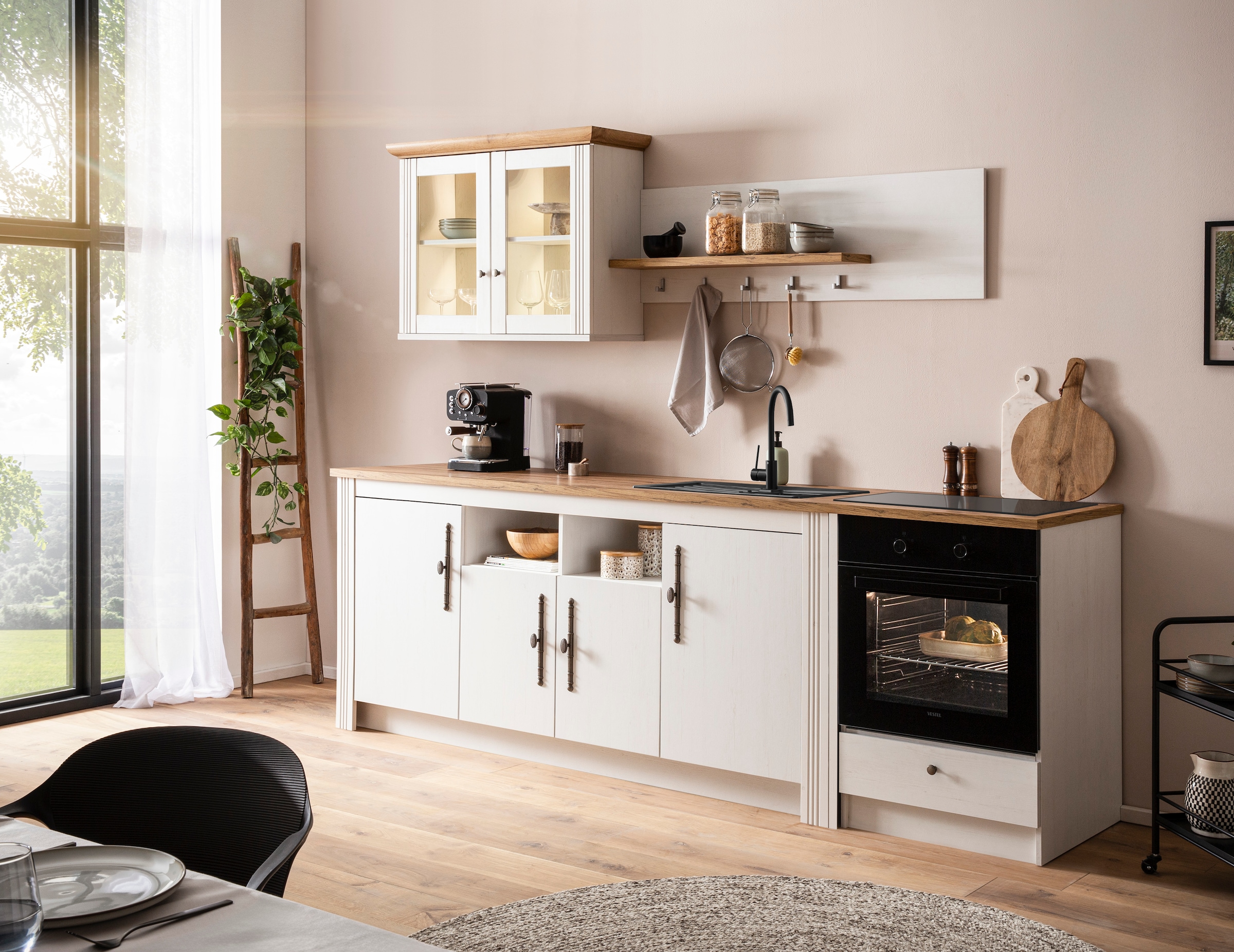 GOODproduct Kitchenette »KS-Westminster, Pantryküche im Landhaus Stil, hochwertige Metallgriffe« Ensemble,  Largeur 268 cm, buffet, panneau mural, armoire suspendue et habillage de cuisinière