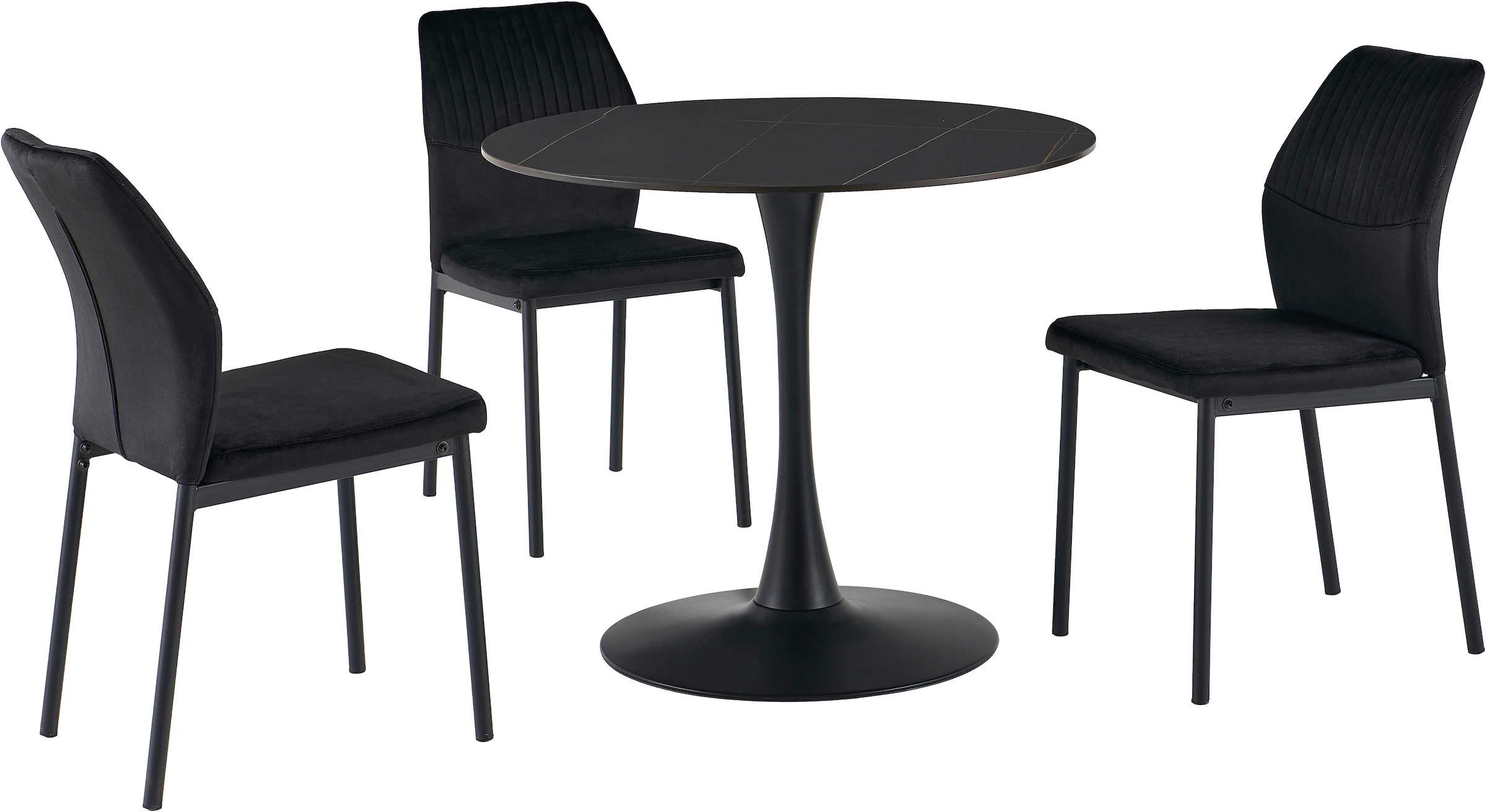GOODproduct Ensemble de salle à manger »Freya« Ensemble, 4 tlg. Table à manger ronde 90 cm en pierre frittée, cuivre noir avec 3 chaises en velours