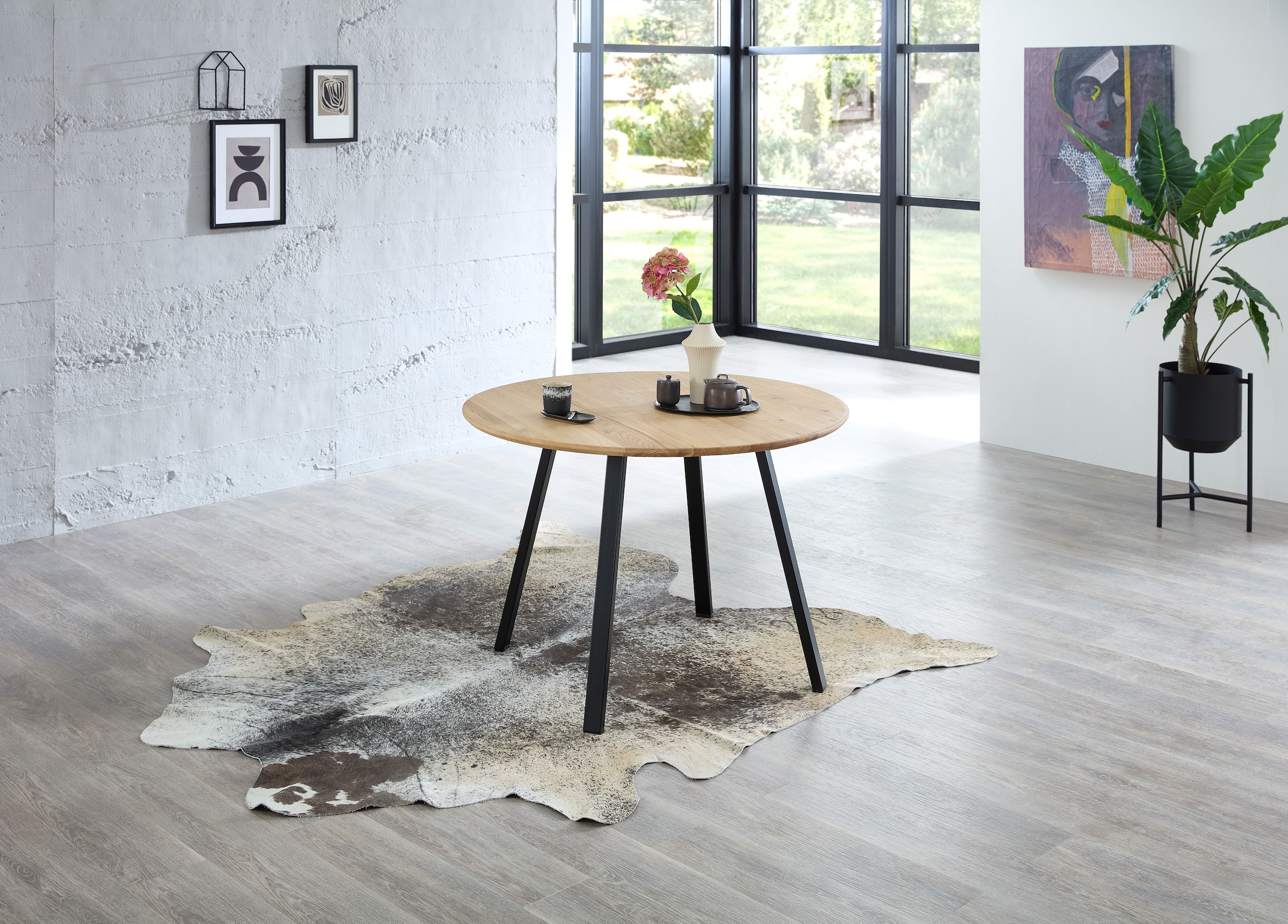 Stolkom Esstisch »Nils Massivholz rund, Esszimmertisch Eiche, BxH 110x75 cm« Stabiles 4-Fuss Metallgestell, Boden bis Unterkante Tisch ca. 69 cm