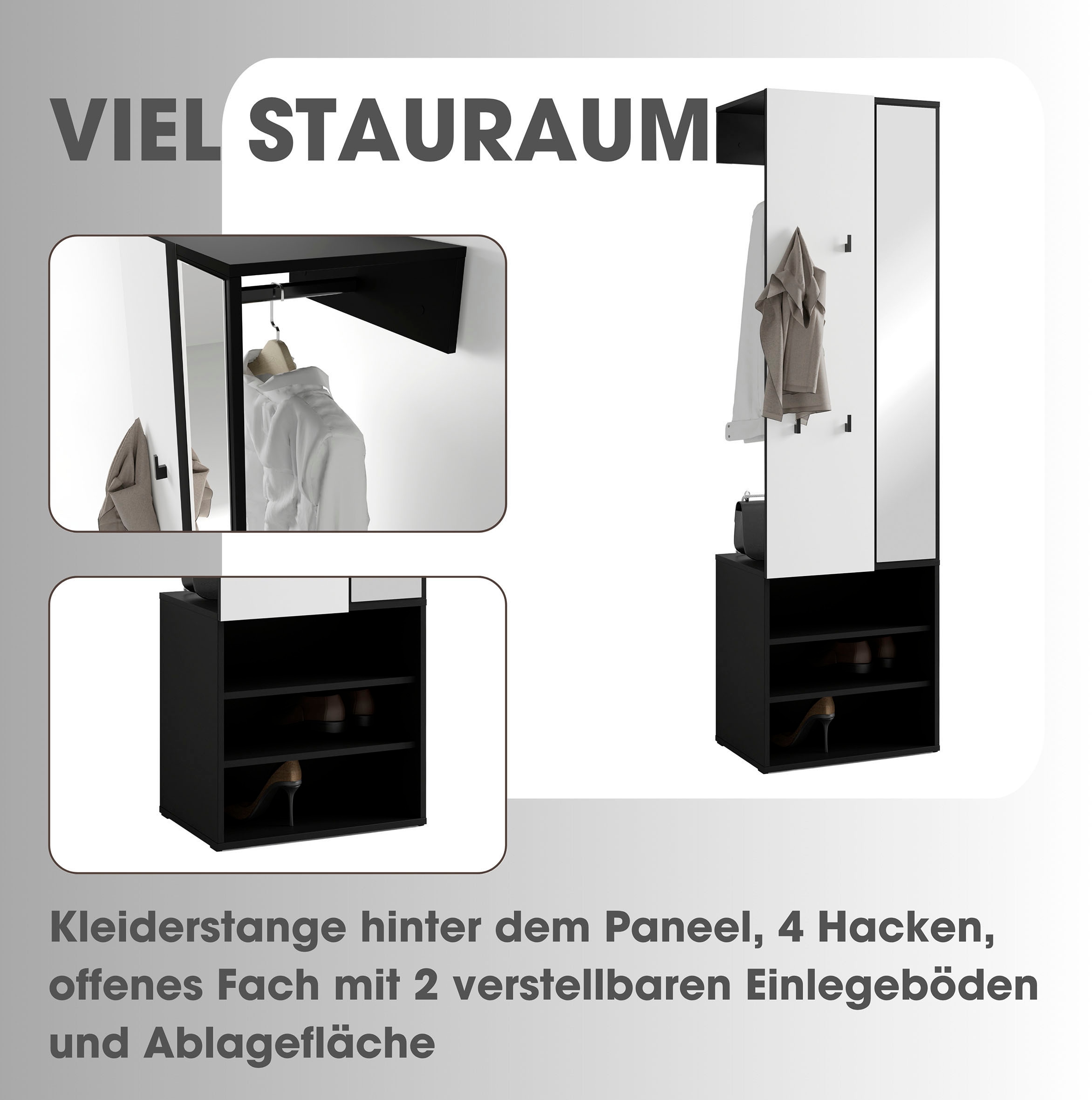 byLIVING Vestiaire compact »Dielen - Set Andorra« 1 cuis tlg. maximale Ordnung auf wenig Fläche mit Spiegel, Kleiderstange und Haken