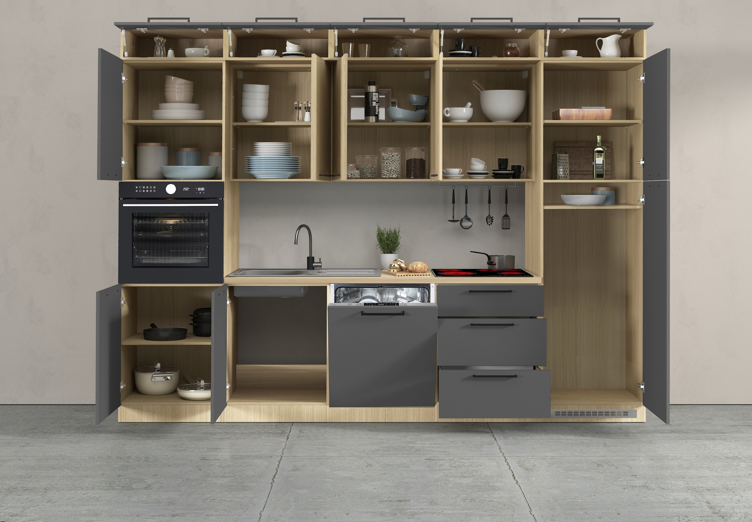 KOCHSTATION Kitchenette »Luna, Einbauküche, Zeilenküche, mit Soft-Close Funktion, Made in Italy« Breite 300 cm ohne E-Geräte, mit Spüle+Siphon und Aufsatz