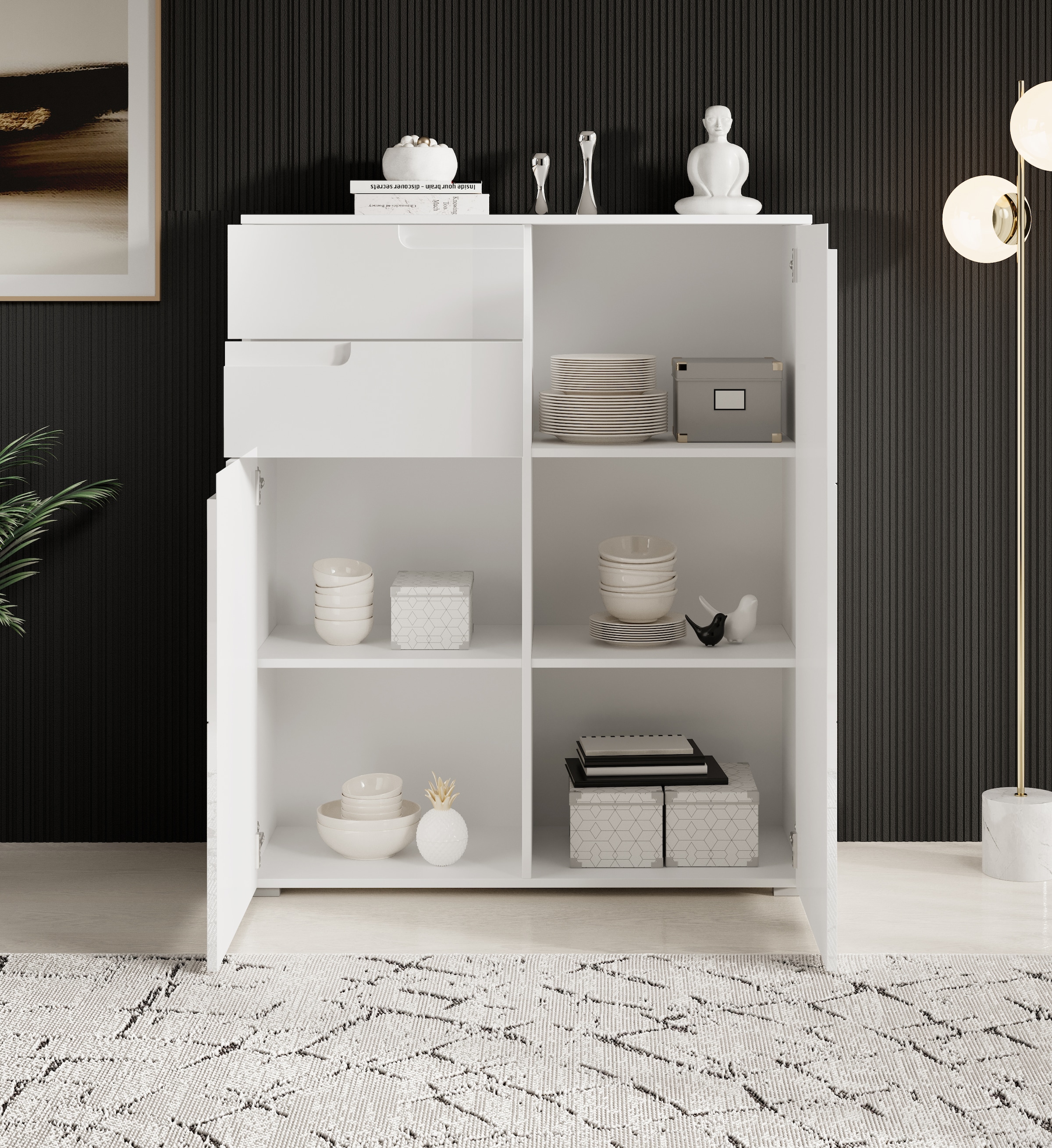 HBZ Kommode »Spice weiss hochglanz, BxHxT 100x119x40 cm« Kommode mit 2 Türen, 2 Schubkästen und 3 Einlegeböden