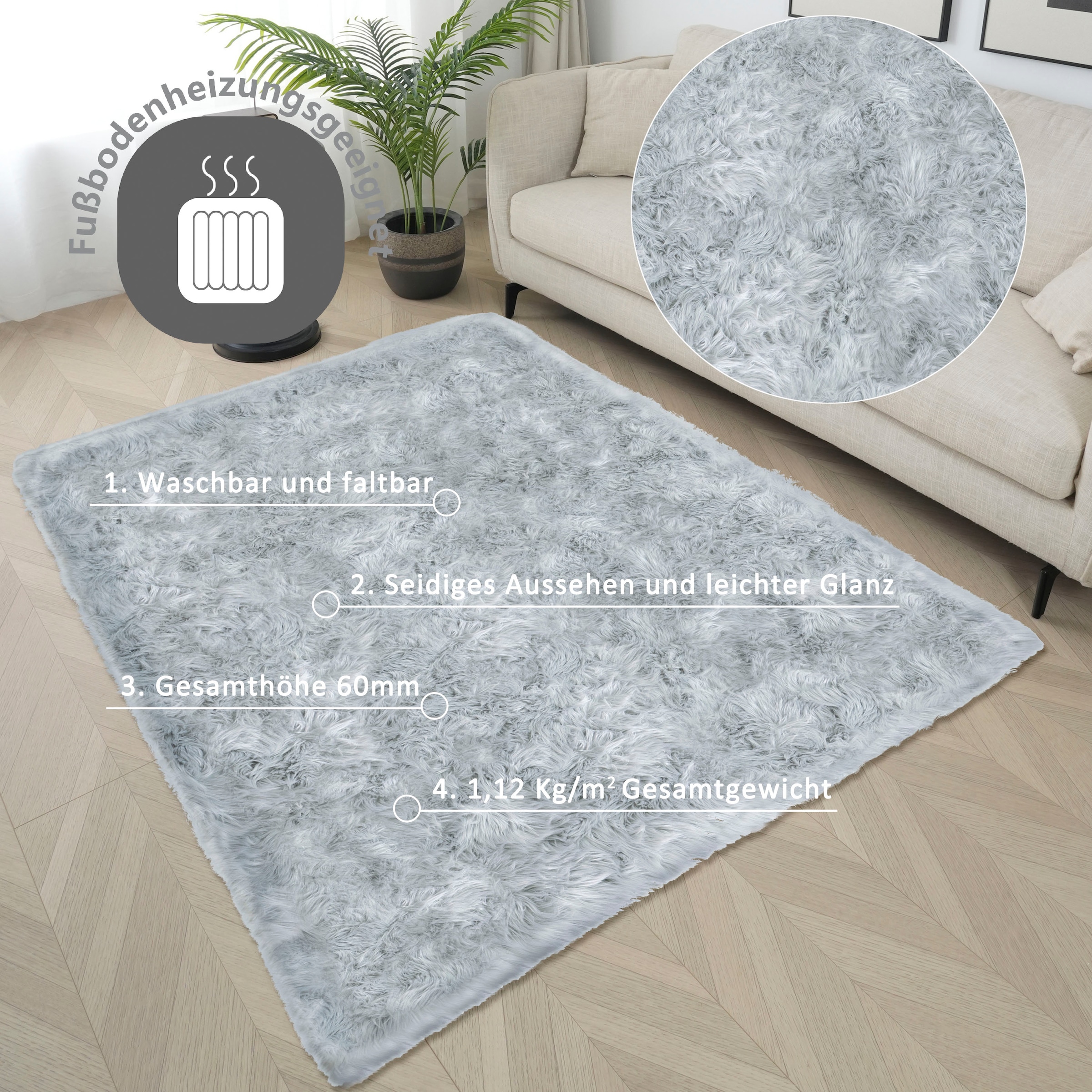 my home Hochflor-Teppich »Kalua, verschiedene Formen« rechteckig 60 mm Höhe Kunstfell, weich, Uni-Farben, Wohnzimmer, Schlafzimmer, Esszimmer