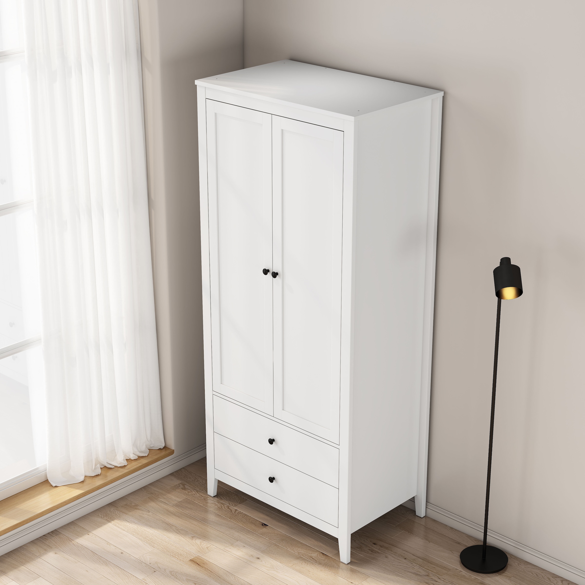 GOODproduct Armoires à vêtements »Borkum Schlafzimmerschrank Garderobe Landhaus Bestseller weiss« hochwertige schwarze Griffe aus Metall,  Schlafzimmerschrank mit 2 Türen und 2 Schubladen