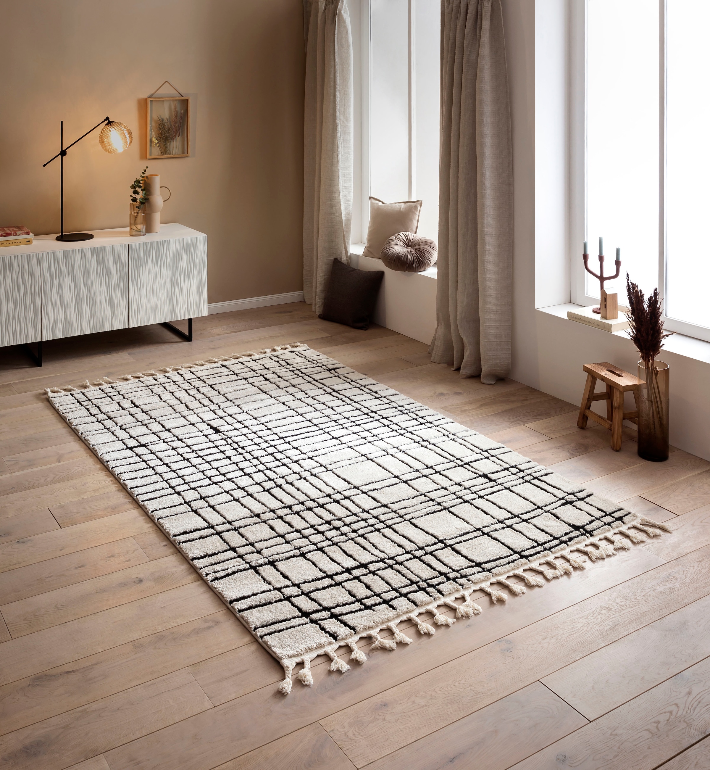done.® Tapis »RIVER« Rectangulaire 10 mm Höhe modernes Scandi Design, kariert, Hoch-Tief Effekt, mit Fransen