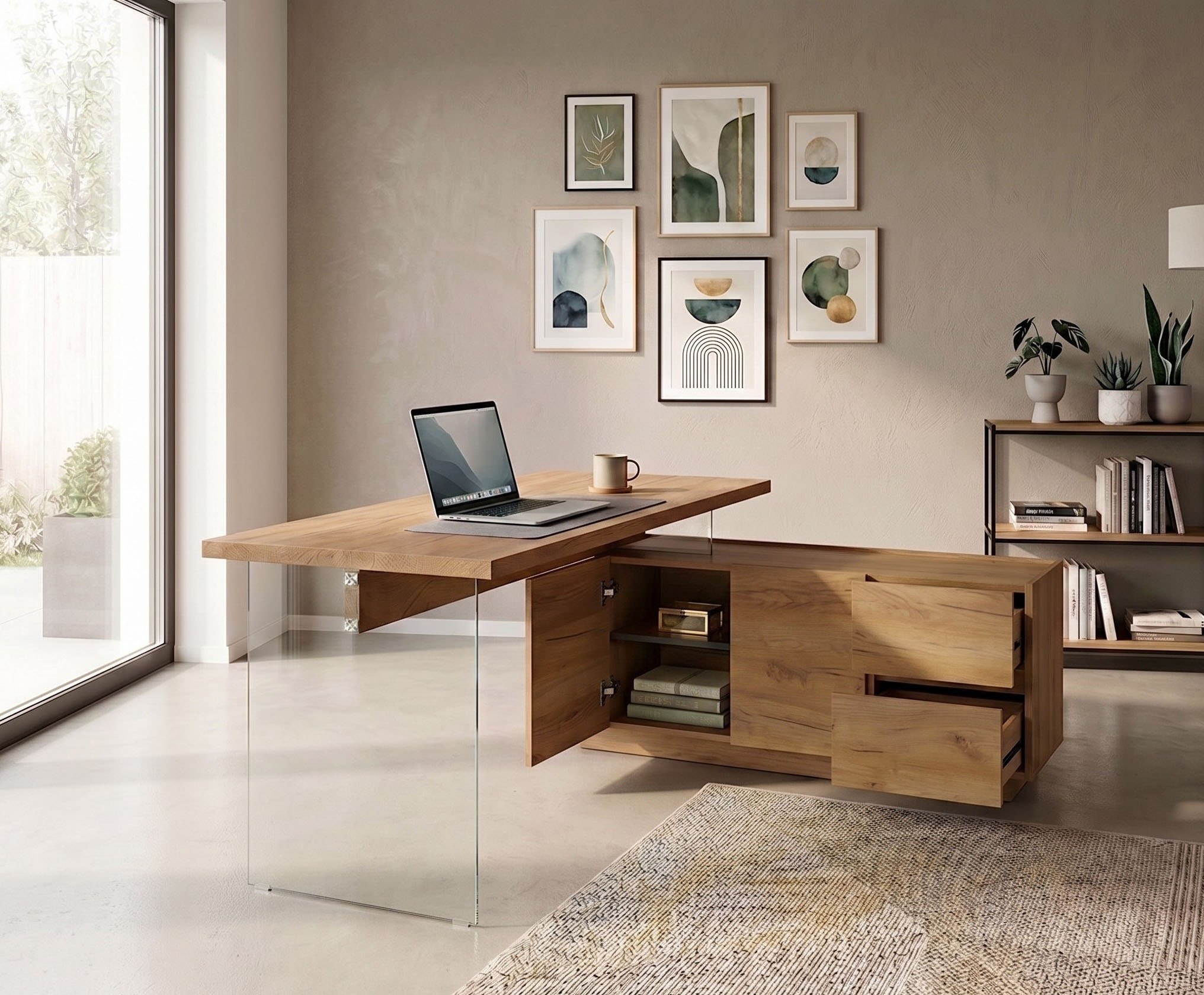 Jahnke Bureau d'angle »LUX C 160 E« bureau d'angle, montable des deux côtés, verre, 2 compartiments + 2 tiroirs