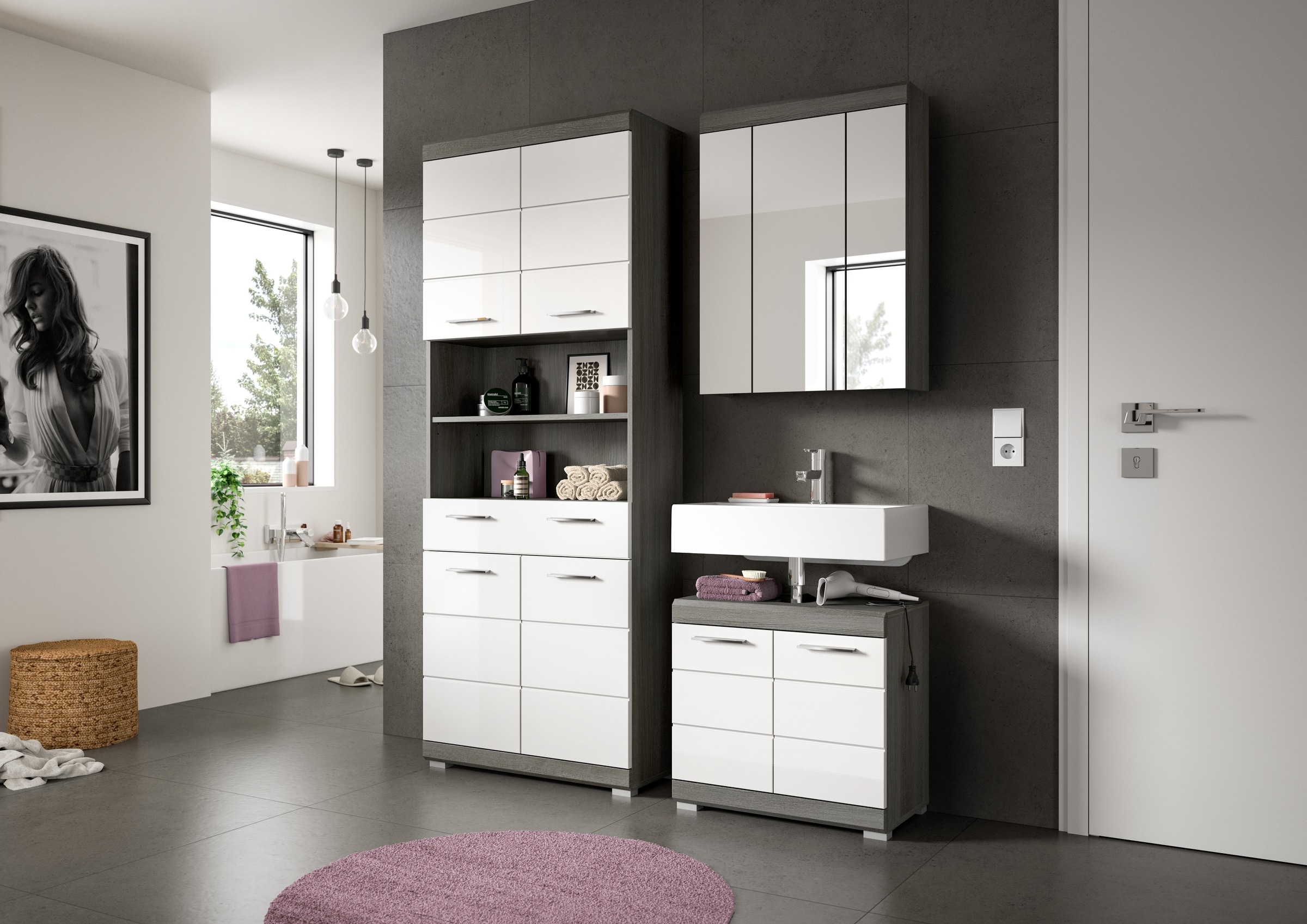 welltime Badmöbel-Set »SIENA, TOPSELLER!, Breite 149cm, 3-teiliges Set« Set, bestehend aus: Hochschrank, Waschbeckenunterschrank & Spiegelschrank, 3 Stk. tlg.