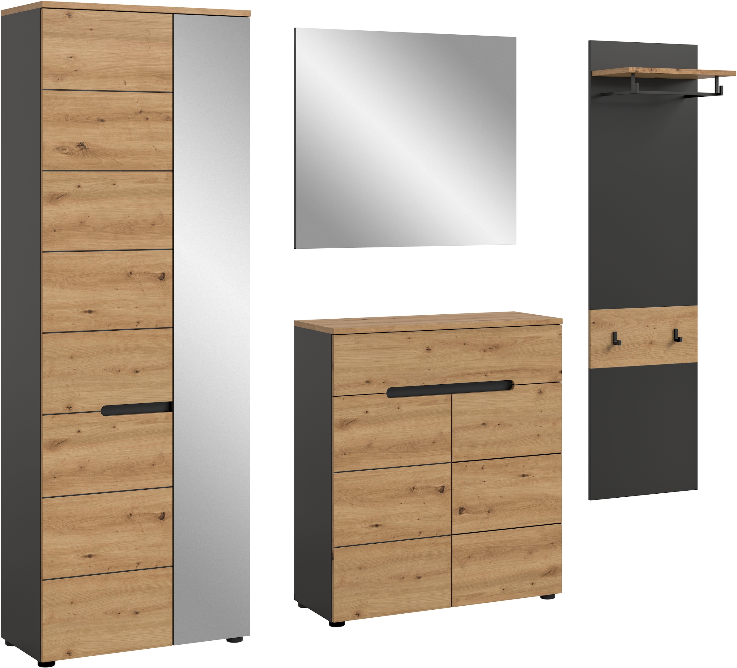 INOSIGN Garderoben-Set »REHAT, TOPSELLER!, 4-teilig, Breite 220 cm, individuell erweiterbar« Set, bestehend aus: Garderobenschrank, Kommode, Spiegel & Garderobenpaneel, 4 Stk. tlg.