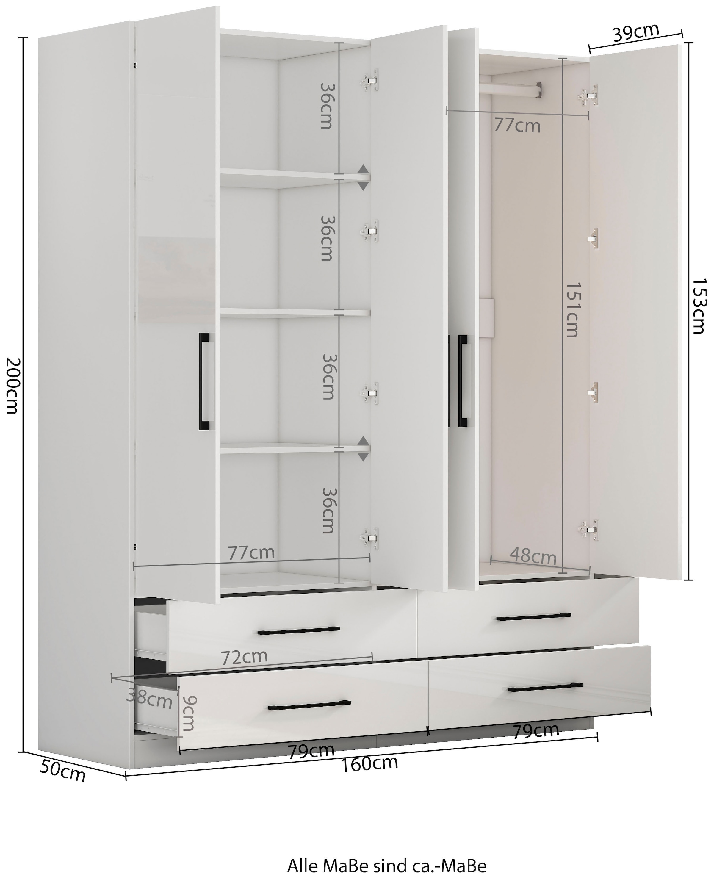 GOODproduct Kleiderschrank »Sylt Schlafzimmerschrank Garderobe Schrank hochglanz« Drehtürenschrank mit 4 Schubladen und 4 Türen,  Schrank in Breite 160 mit viel Stauraum