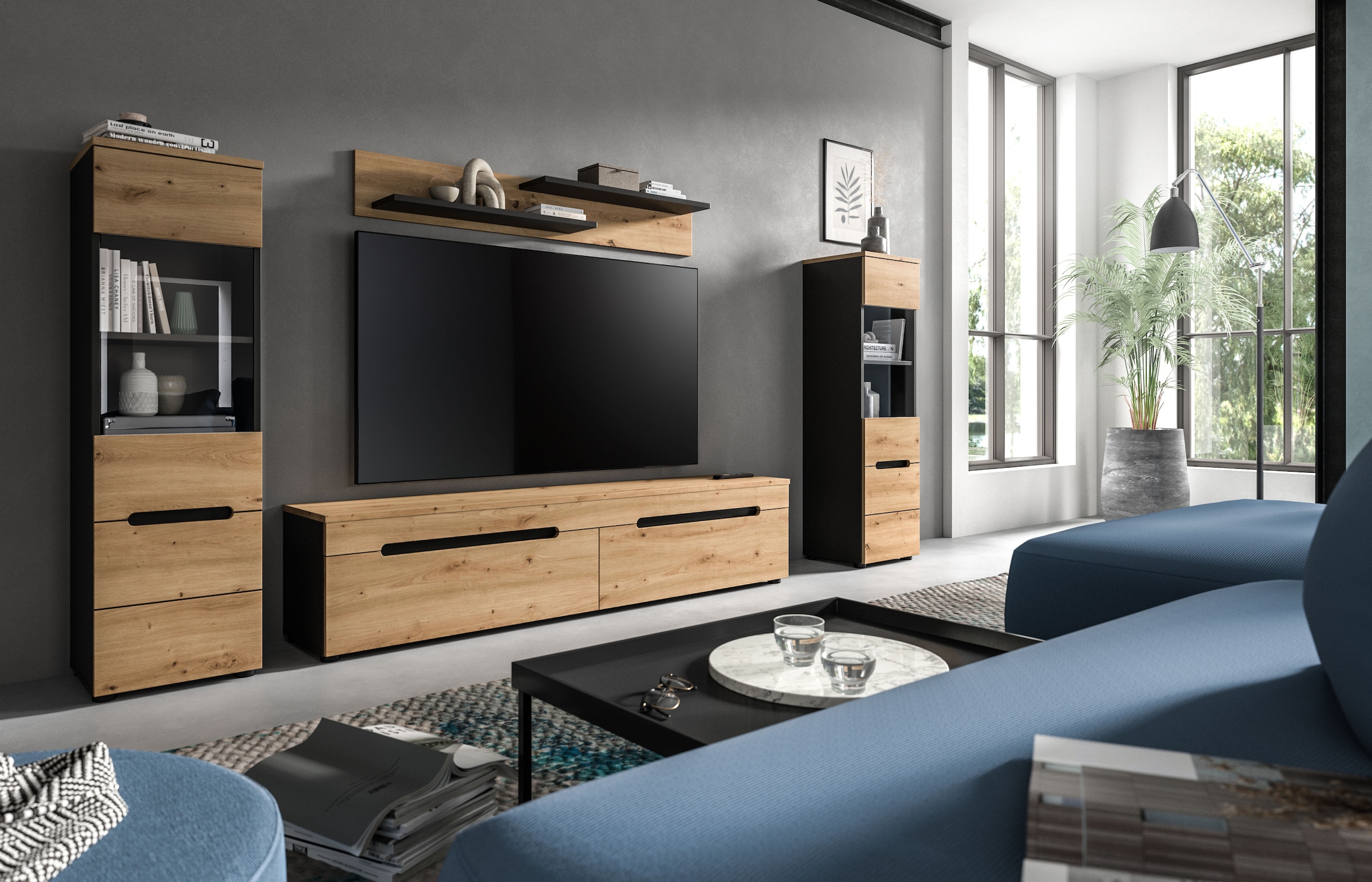 Home affaire Wohnwand »REHAT, 4-teilig, wahlweise stehend und hängend montierbar« Set bestehend aus: 2x Vitrine, Lowboard und Wandboard, 3 Stk. tlg.