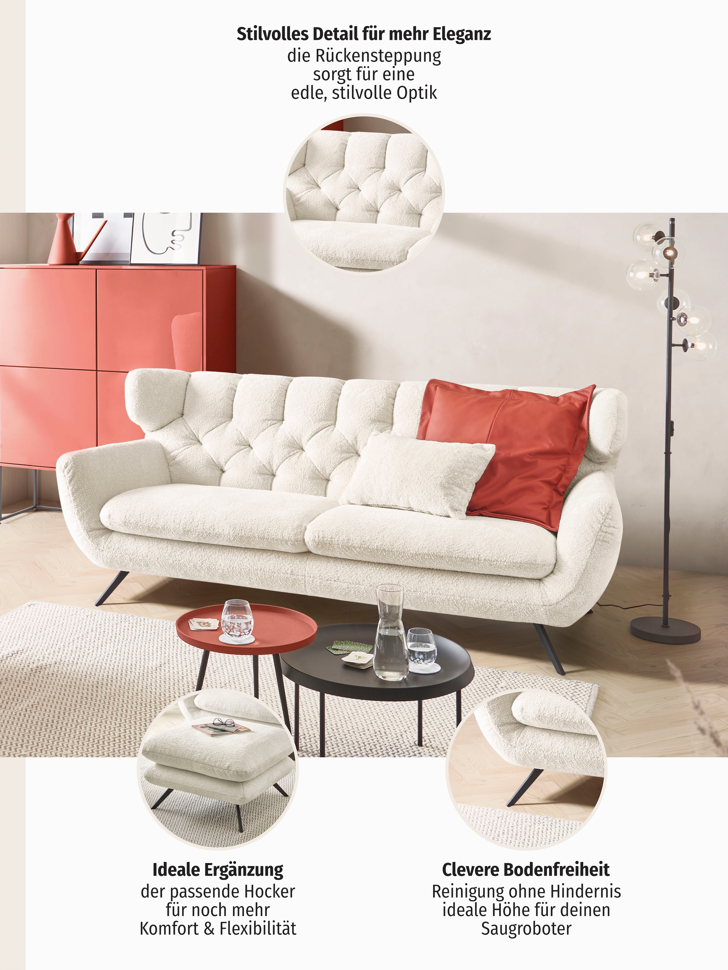 3C Candy 3-places »Beatrice, extravagantes Megasofa, bequem, Küchensofa, Breite 225cm« avec surpiqûres en losange dans le dos, aspect velours, aussi en imitation fourrure