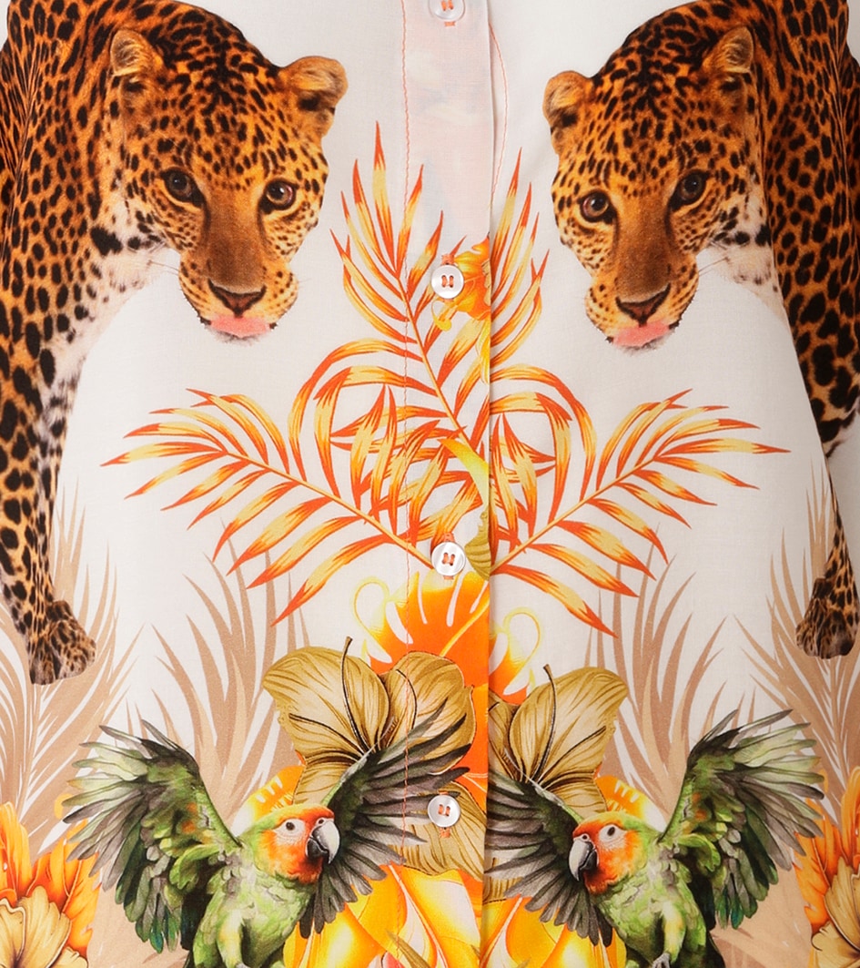 Aniston CASUAL Blouse à manches courtes avec léopards, oiseaux tropicaux, fleurs et feuilles