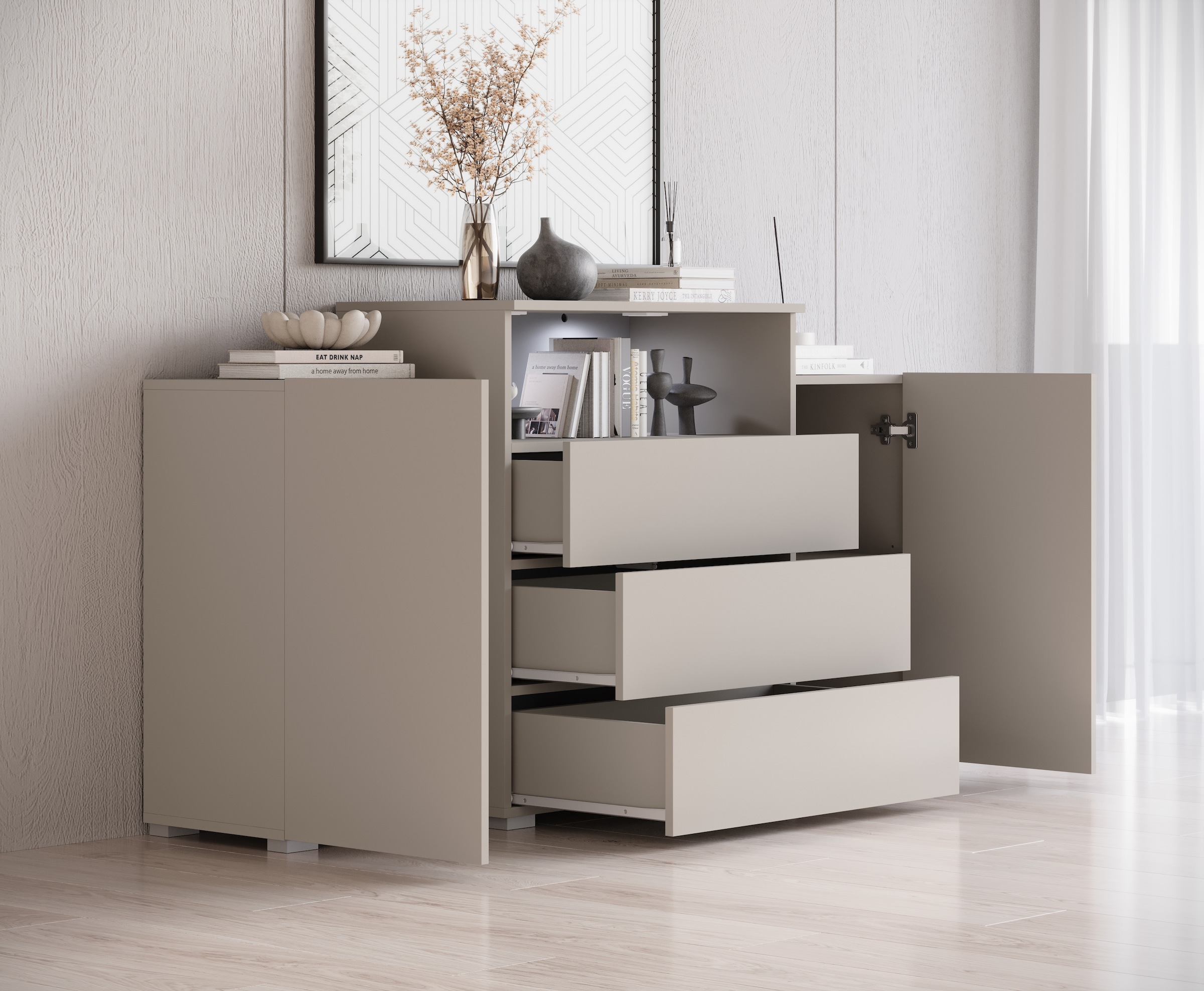 Home affaire Buffet »URBAN III« Commode moderne avec 3 tiroirs et 4 compartiments, largeur 150 cm