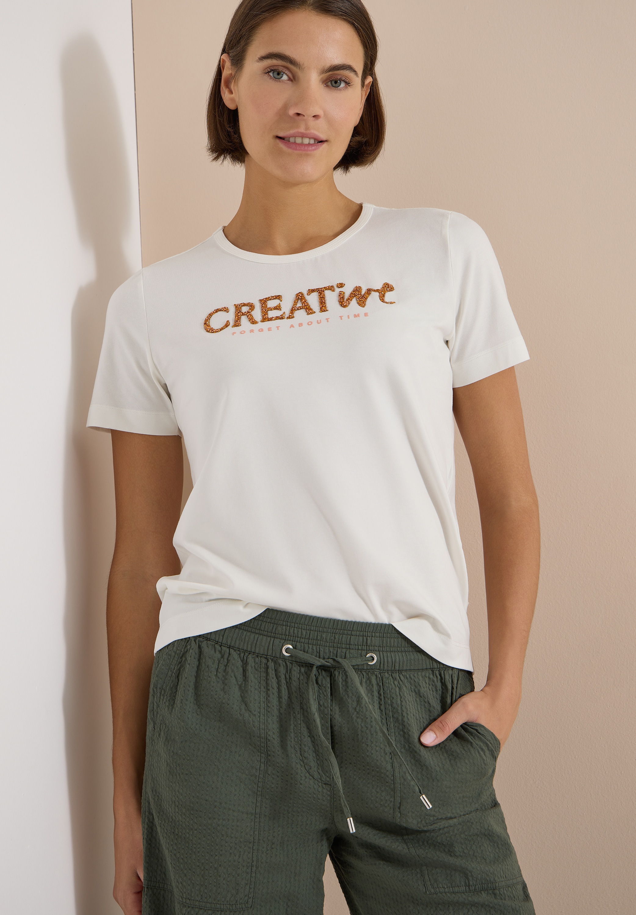 Cecil T-shirt imprimé Sommershirt mit Rundhals und Glitzer-Wording