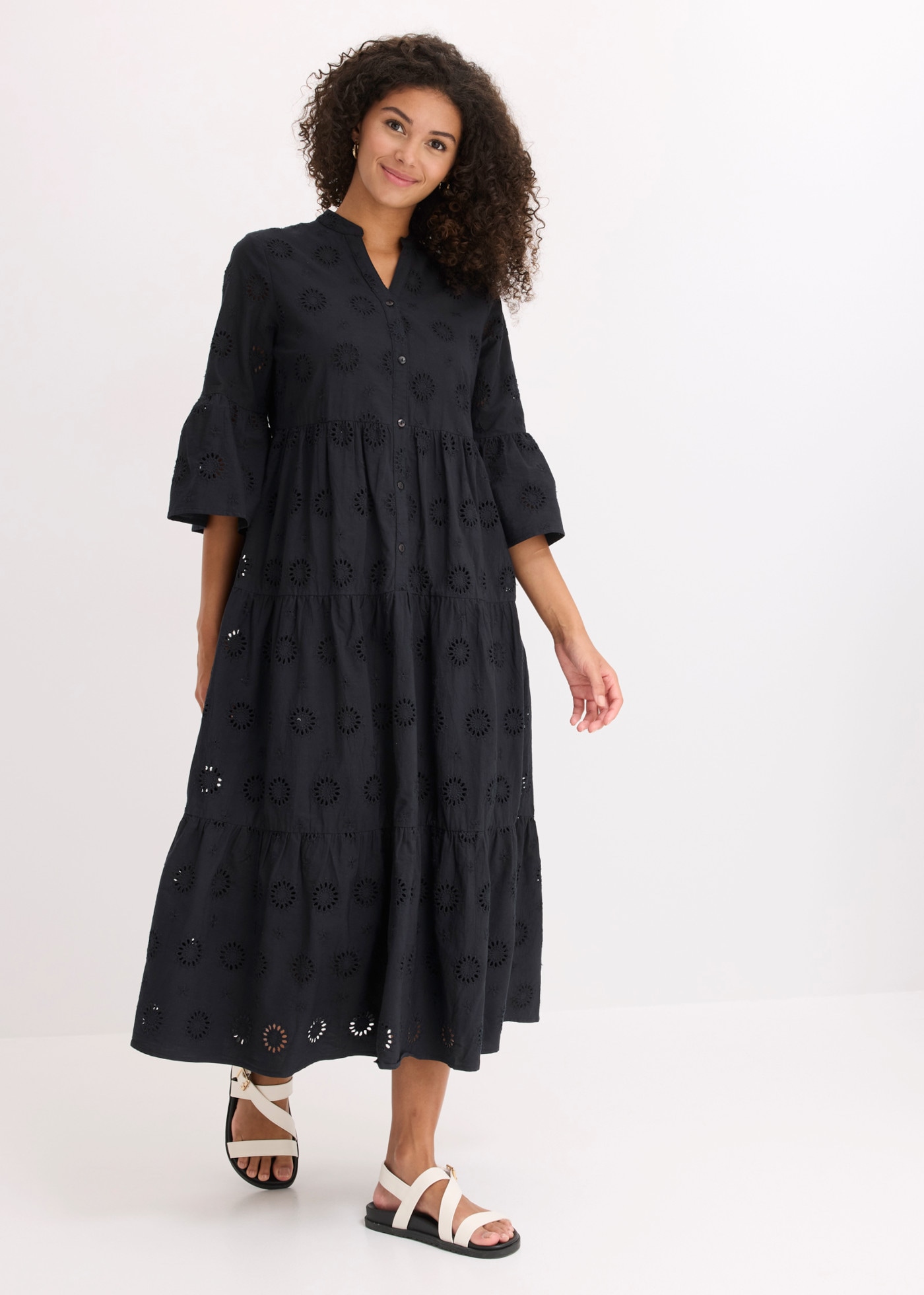 bonprix Robe midi en coton pur, coupe trapèze, manches 3/4, col montant