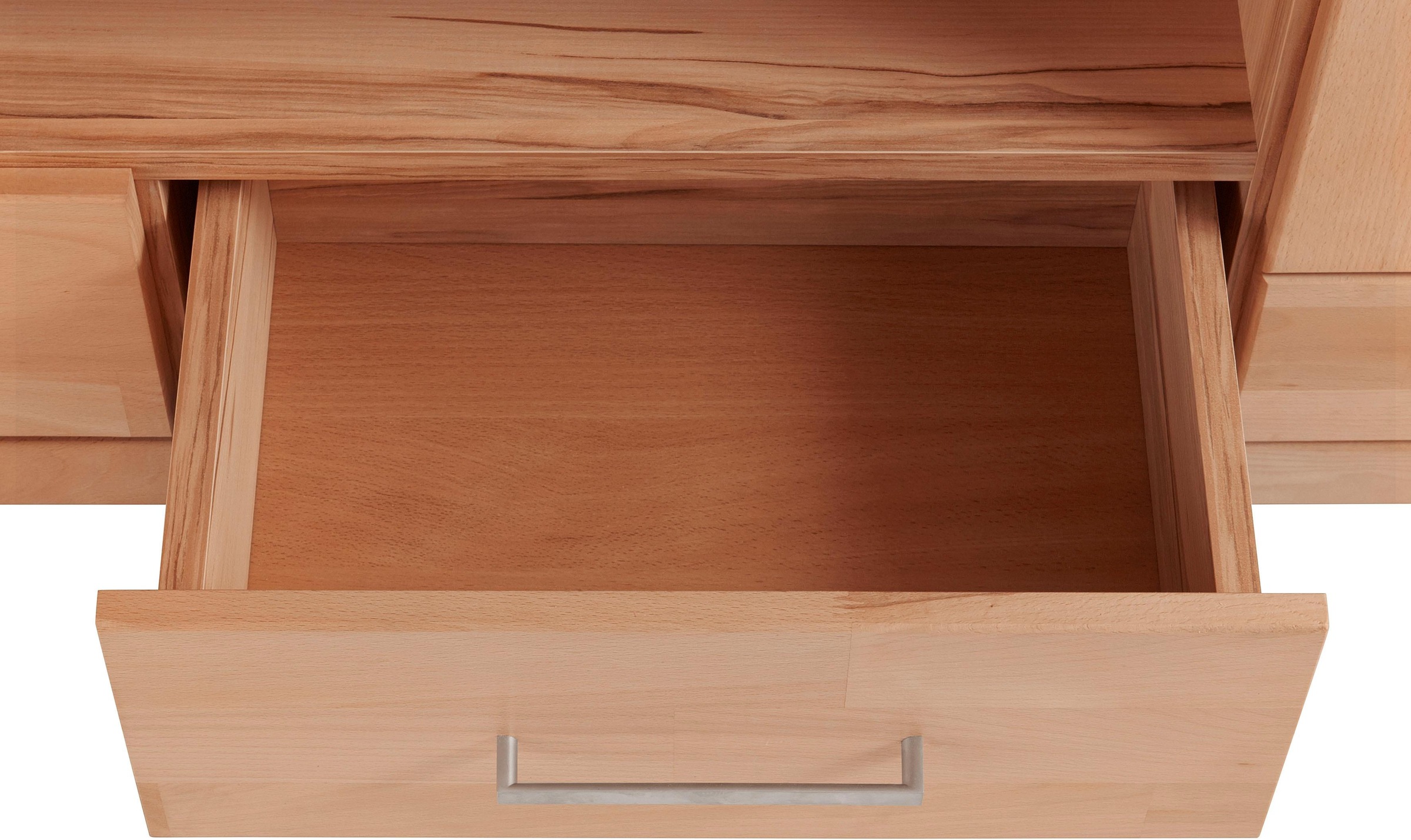 GOODproduct Table basse »Ribe,180cm breit, Fronten Massivholz,6 Fächer,Kabeldurchführung« Korpus Holzwerkstoff,Glaseinsatz aus gehärtetem Glas,Böden versetzbar