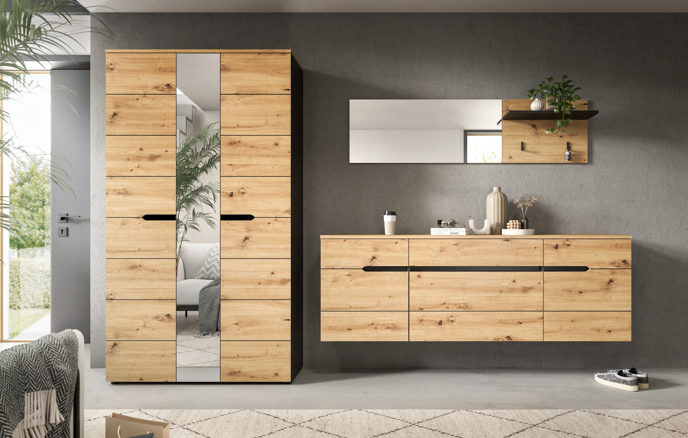 Home affaire Garderoben-Set »REHAT, TOPSELLER!, 3-teilig, Breite 296 cm, individuell stellbar« Set, best. aus: Garderobenschrank, Hängeschrank & Garderobenpaneel, 3 Stk. tlg.
