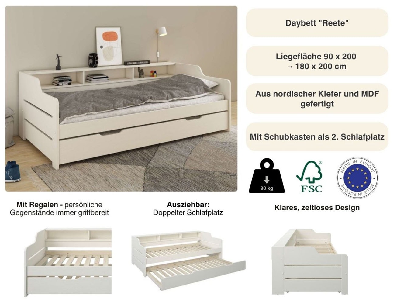 GOODproduct Lit de jour »"REETE1", Stauraum, Funktionsbett, Kinderbett, inklusive Schubkasten« 90x200cm, 2 Schlafplätze,  mit Regalen, FSC® zertifiziertes Massivholz (Kiefer), Landhausstil
