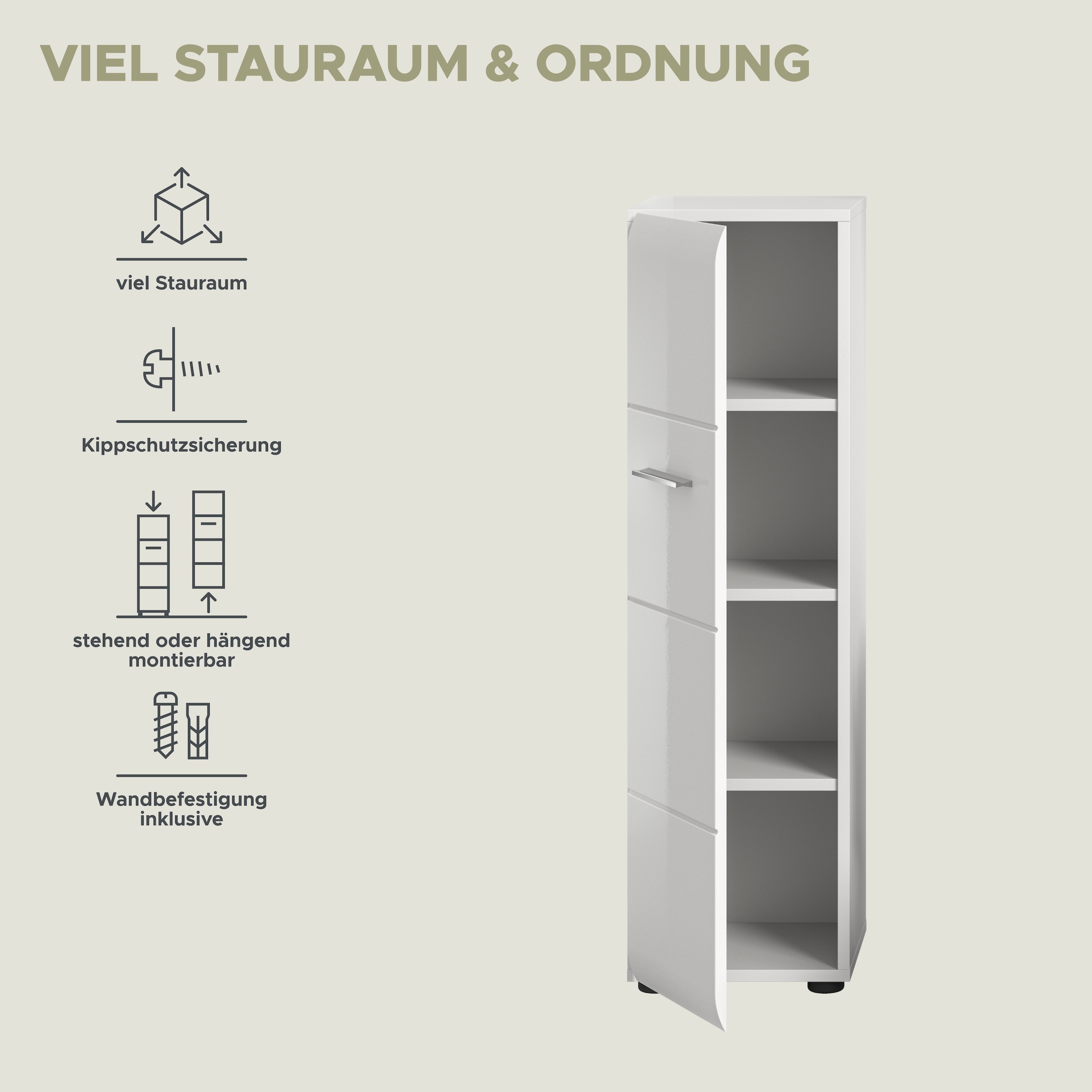 welltime Armoire de rangement 1 cuis tlg. Florenz, Stauraumschrank, Weiss Hochglanz, 30 cm breit, 4 Fächer
