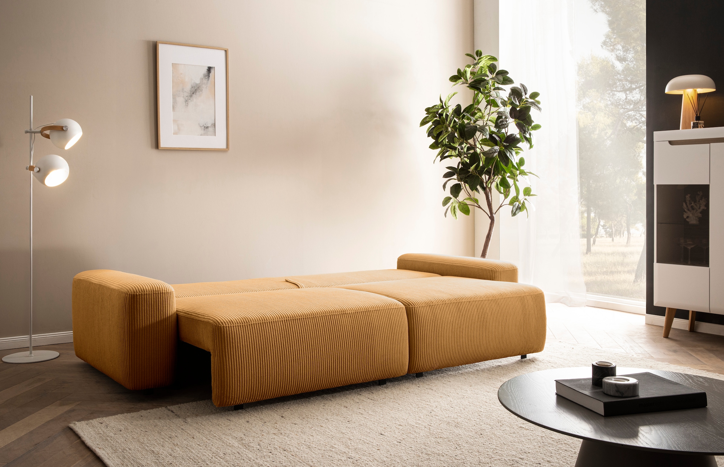 Home affaire 3-Sitzer »TORGE (257cm), Sofa,Schlafsofa in Cord, Samtvelours, Struktur fein« rundes Design, Schlaffunktion u. Bettkasten, Liegefläche: 135/200 cm