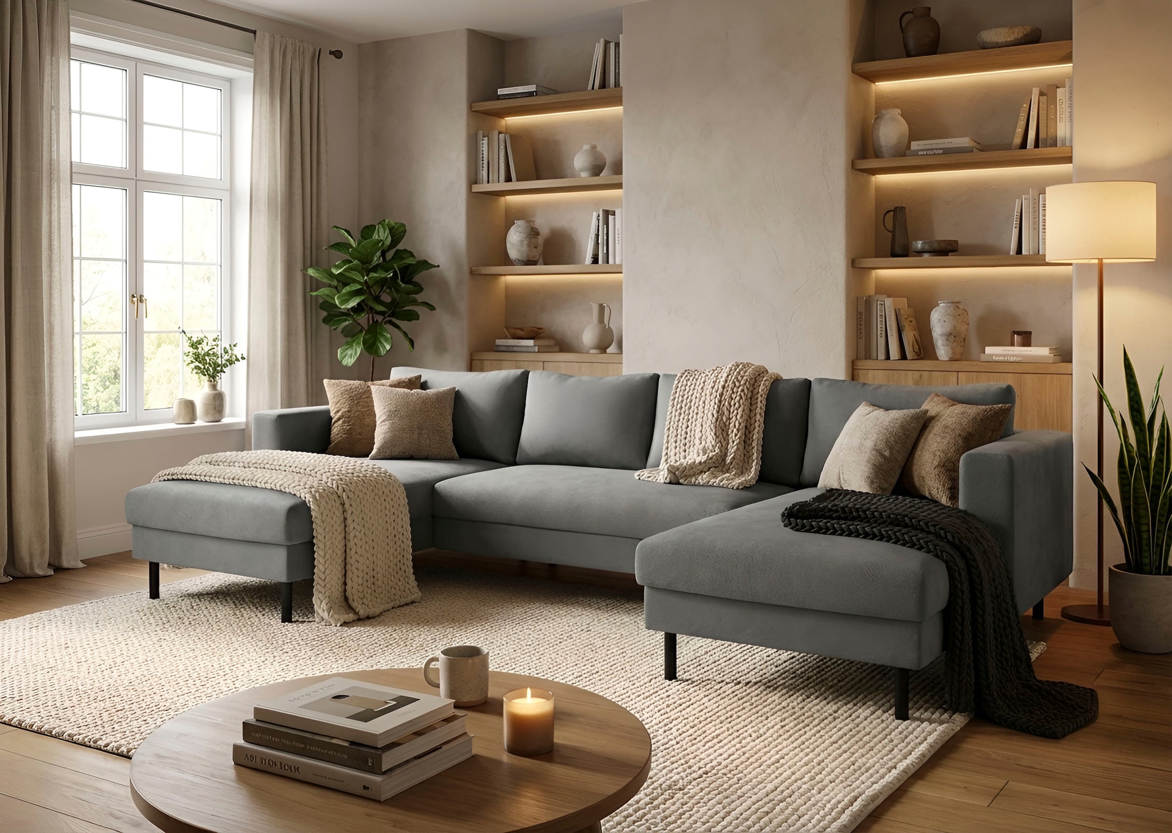 TRENDMANUFAKTUR Wohnlandschaft »Amazing II, wahlw. mit Schlaffunktion & Bettkasten, Fuss schwarz« Sofa in U-Form, in Cord, Struktur LEO o. Struktur LINO, Breite 305 cm