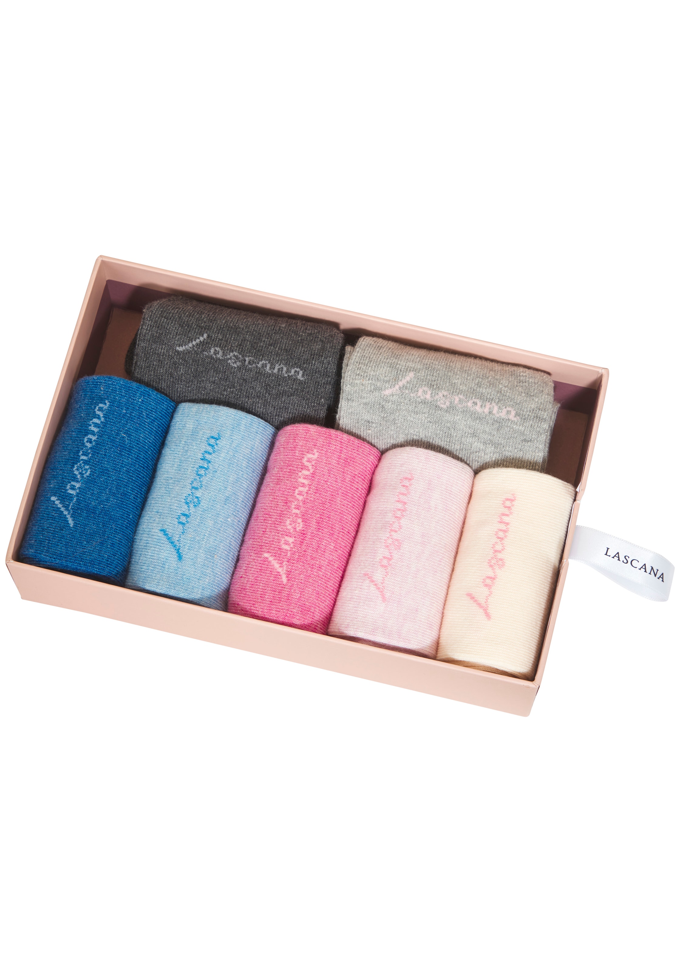 LASCANA Chaussettes basiques »für Damen mit eingestricktem Markenlogo« Boîte, 7 cuis tlg. dans une jolie boîte cadeau