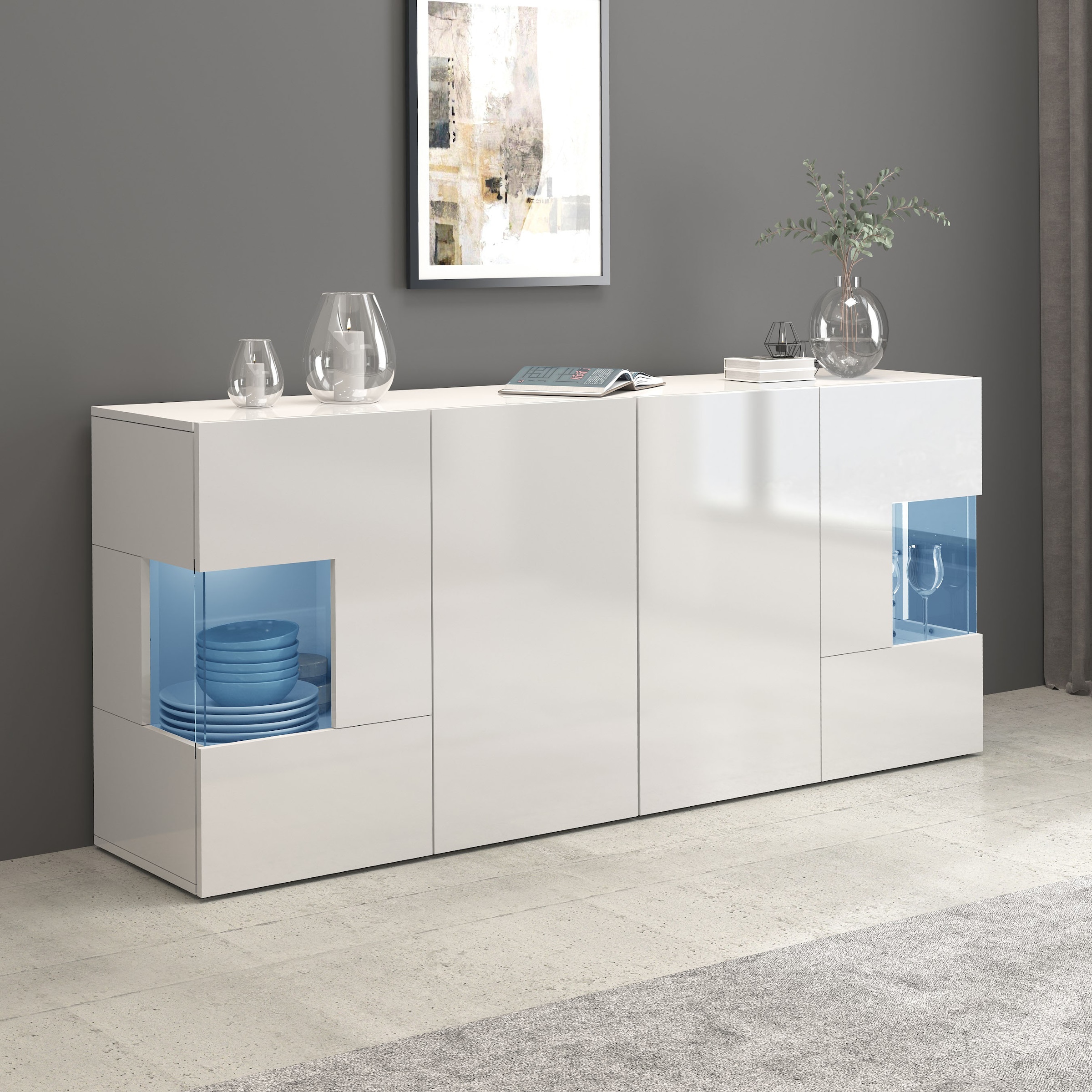 GOODproduct Sideboard »Egypt, Kommode, Schrank, Kredenz, Vitrine grifflos« 4 Türen davon 2 mit Glaseinsatz, kompl. Hochglanz lackiert, Breite 180