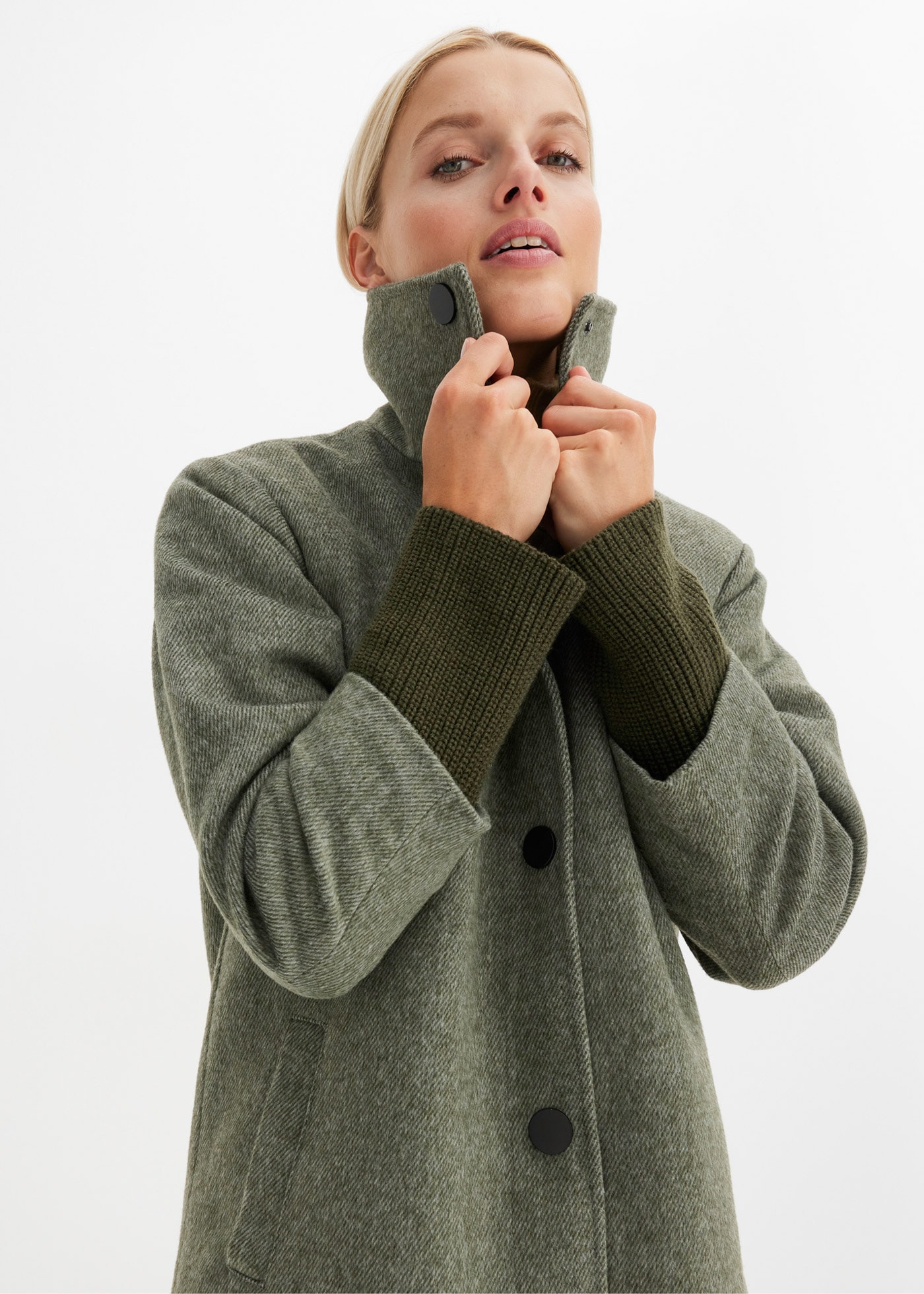 bonprix Manteau court »Kurzmantel in Wolloptik« mit hohem Stehkragen, in Wolloptik, 3/4 Arm mit langem Strickbündchen