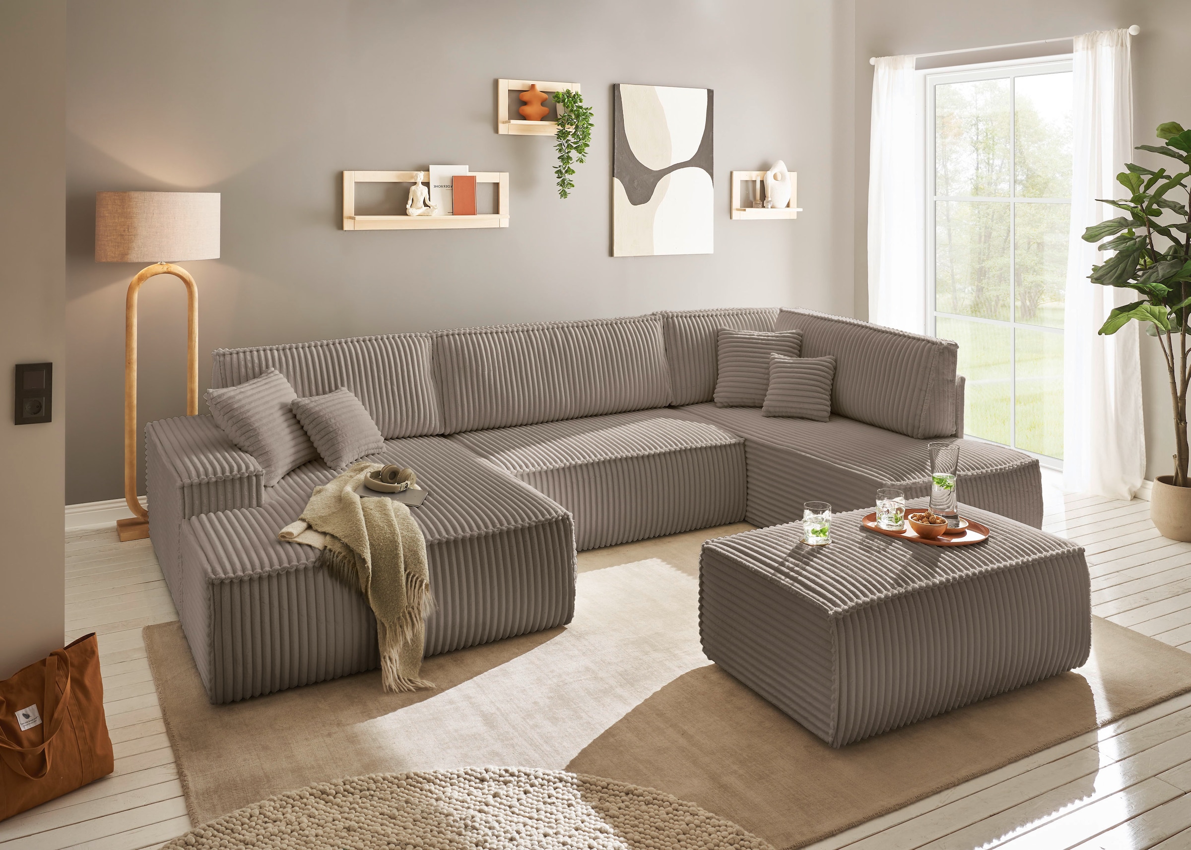 GOODproduct Wohnlandschaft »FINNLEY  Cord U-Form XXL 329 cm - OTTO. Verlässliche Qualität.« Schlafsofa, Bettkasten, in Bouclé, Struktur fein und Mega Cord