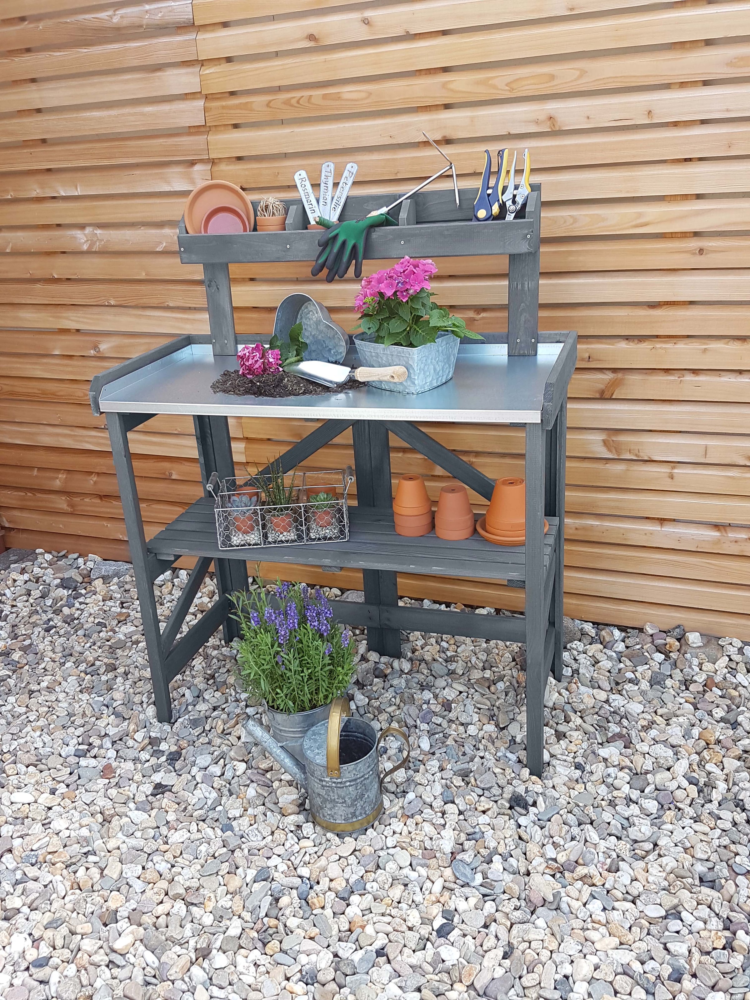 promadino Table de plantation »aus massivem Kiefernholz, wetterfest imprägniert« avec surface de travail galvanisée et étagère universelle