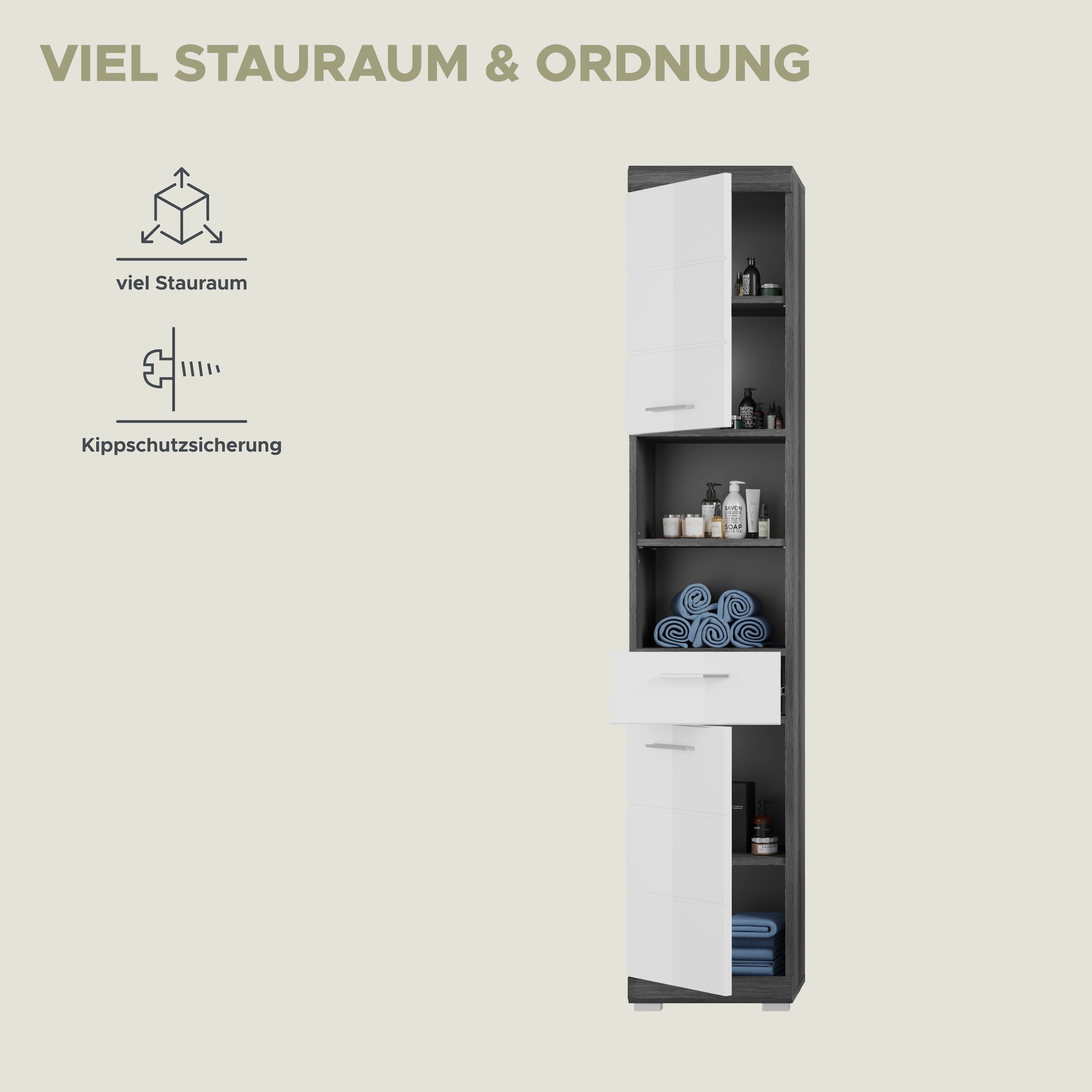 welltime Hochschrank »SIENA, Breite 37cm, 2 Tür, 1 Schubkasten, 2 offene Fächer, MDF-Front« TOPSELLER!, 1 Stk. tlg. in verschiedenen Farben erhältlich, Badmöbel, Badschrank, Schrank, Bad