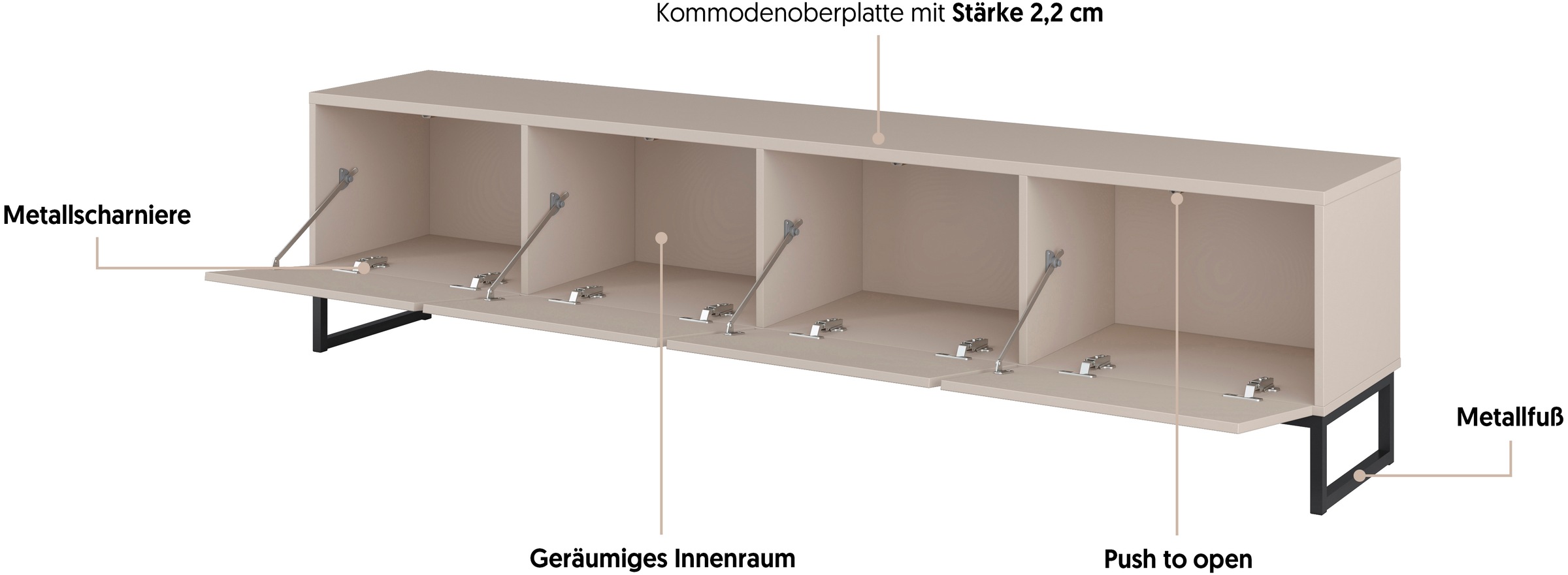 Home affaire Lowboard »Alto, Breite 208,5 cm, TV-Board mit 4 Klappen, push-to-open« TV-Kommode mit viel Stauraum, push-to-open-Funktion, Metallkufen