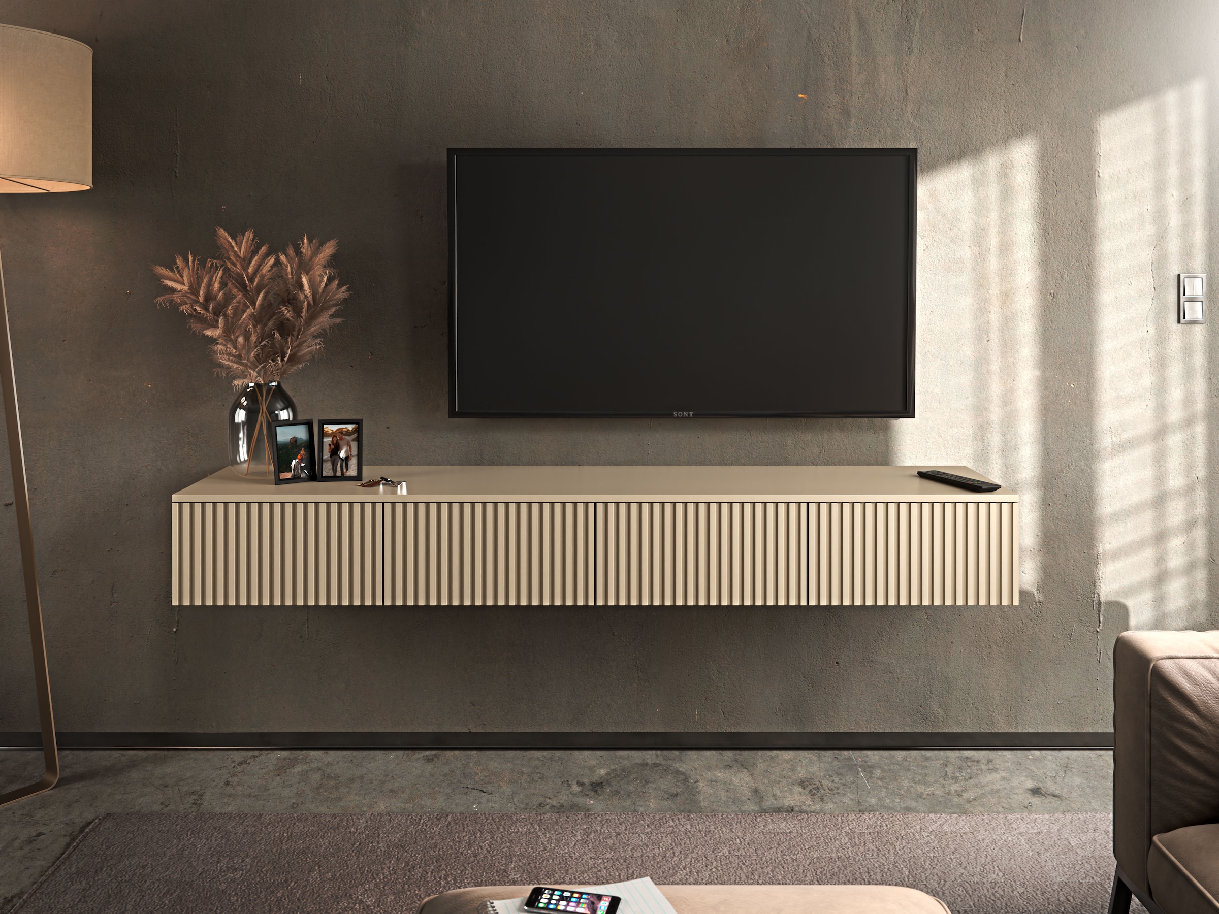 HBZ Table basse »Lowboard Lanai, hängend, mit moderner Rillenoptik« 1 cuis tlg. Largeur 180cm, revêtement mélaminé, ouverture par pression