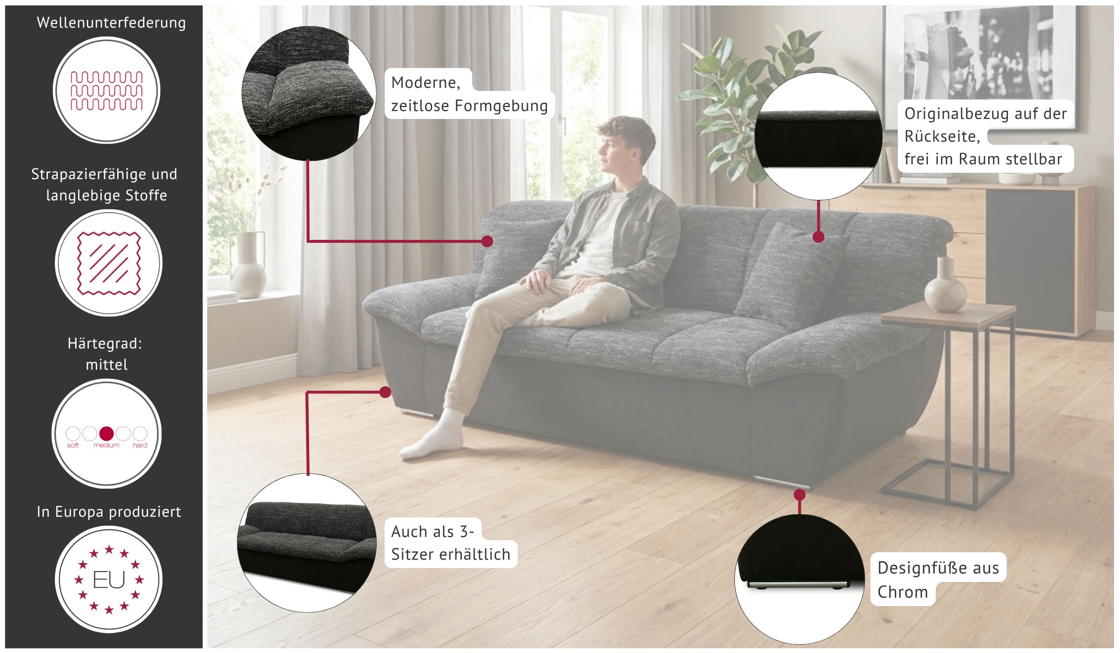 GOODproduct 2-places »Saltrum 211 cm breit, formschön, komfortabel« avec surpiqûres décoratives dans le dossier et l'assise, revêtement facile d'entretien