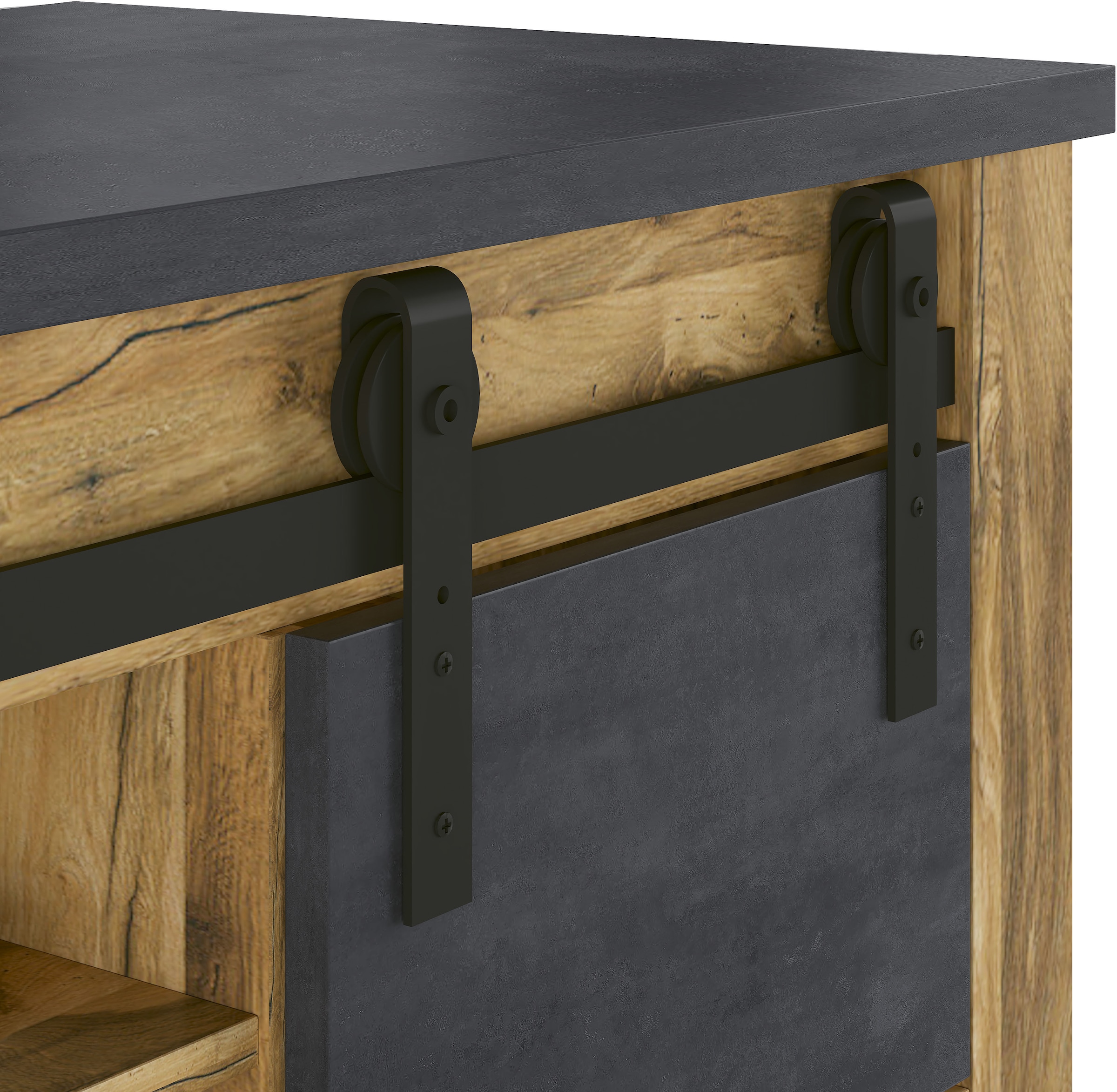 Home affaire Highboard »York, moderner Hochschrank, Vitrine in Hunton Oak, Industrialdesign« mit Scheunentorbeschlägen & Apothekergriffen aus Metall, 150 cm hoch