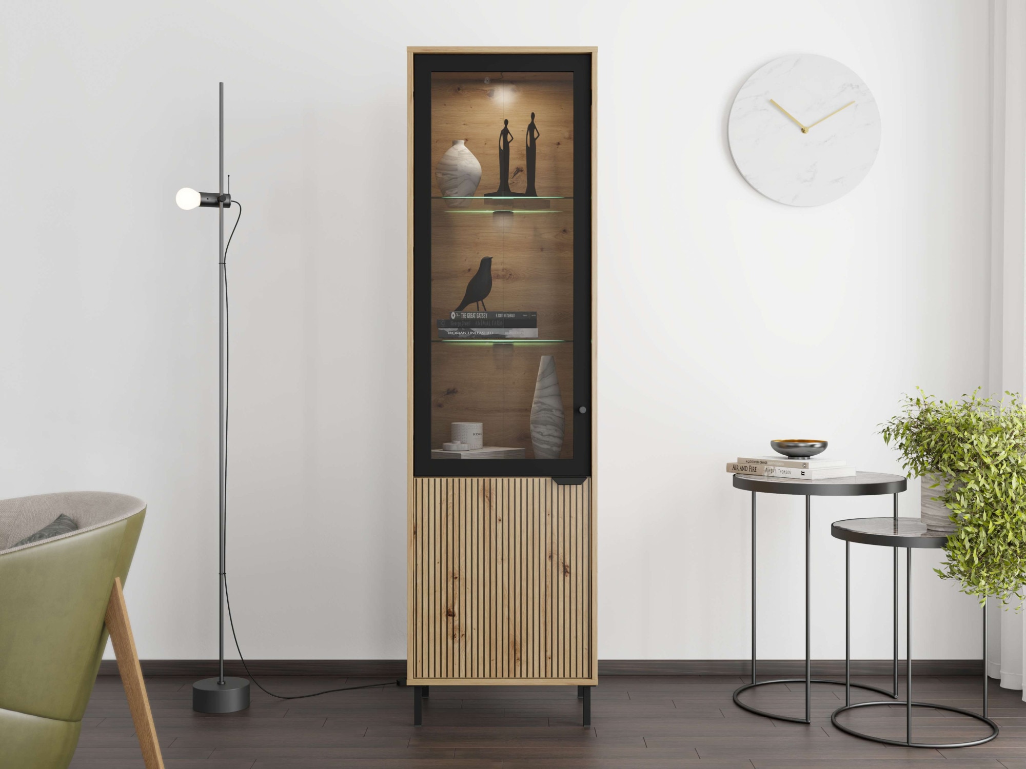 Home affaire Vitrines »Mayenne Vitrinenschrank, Standvitrine, Showcase, B/H: 54,5/195 cm« Holztür mit Rillen-Optik, Glastür, Modernes Design