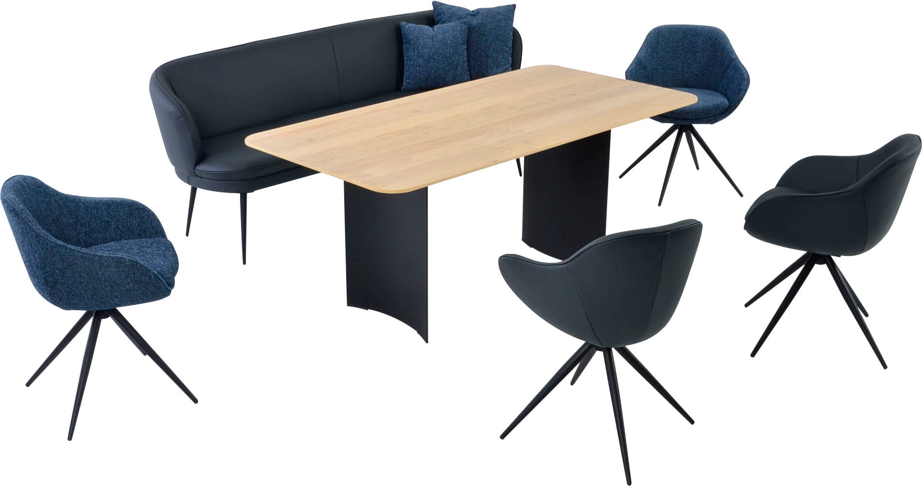 K+W Komfort & Wohnen Ensemble de salle à manger »ZOOM« ensemble repas arrondi en mix de matériaux, banc solo, 4 fauteuils et 1 table