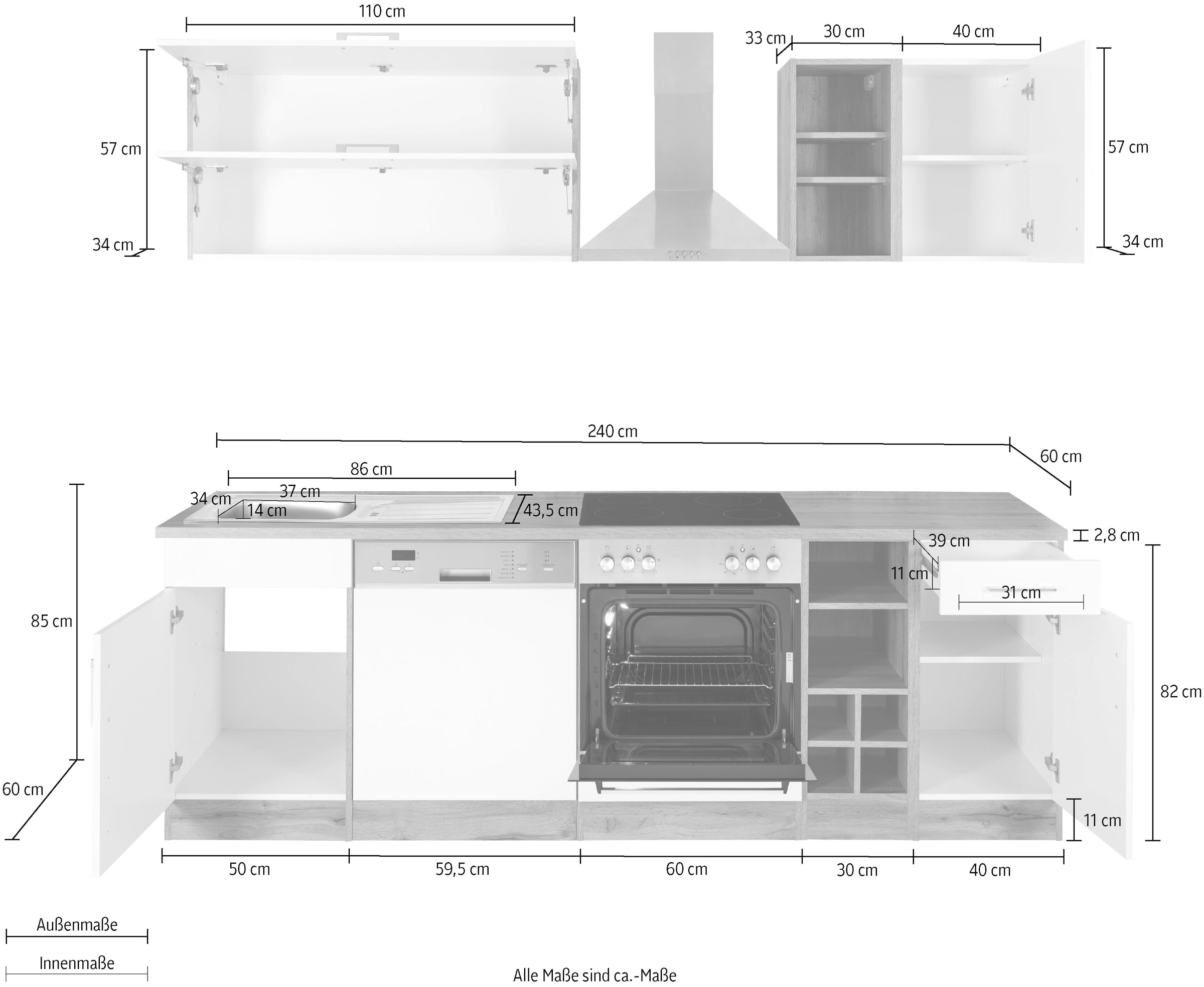 KOCHSTATION Küchenzeile »KS-Colmar« ohne E-Geräte, Breite 240 cm