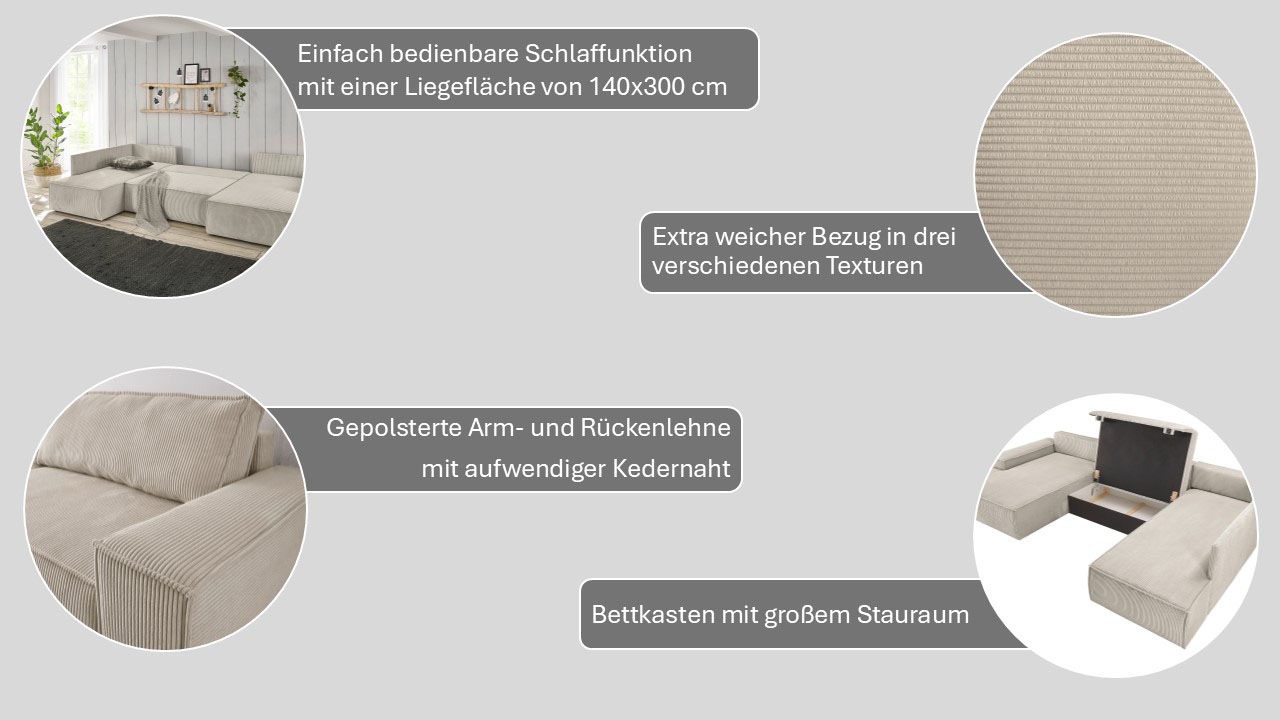 Home affaire Paysage de salon »SHERWOOD U-Form, 329 cm - OTTO. Verlässliche Qualität.« Schlaffunktion m. Bettkasten (194x139 cm), Cord, Vintage, Samtvelours