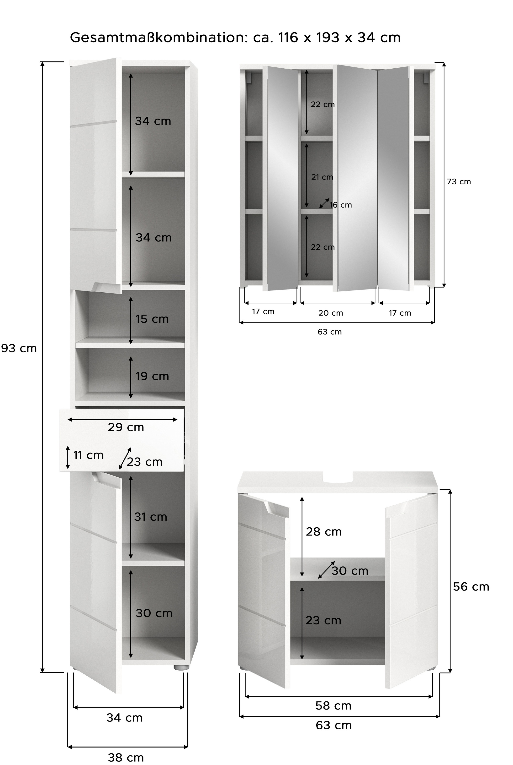 welltime Badmöbel-Set »CAPRI, 3-teilig, mit eingefasster Griffmulde, bestehend aus:«