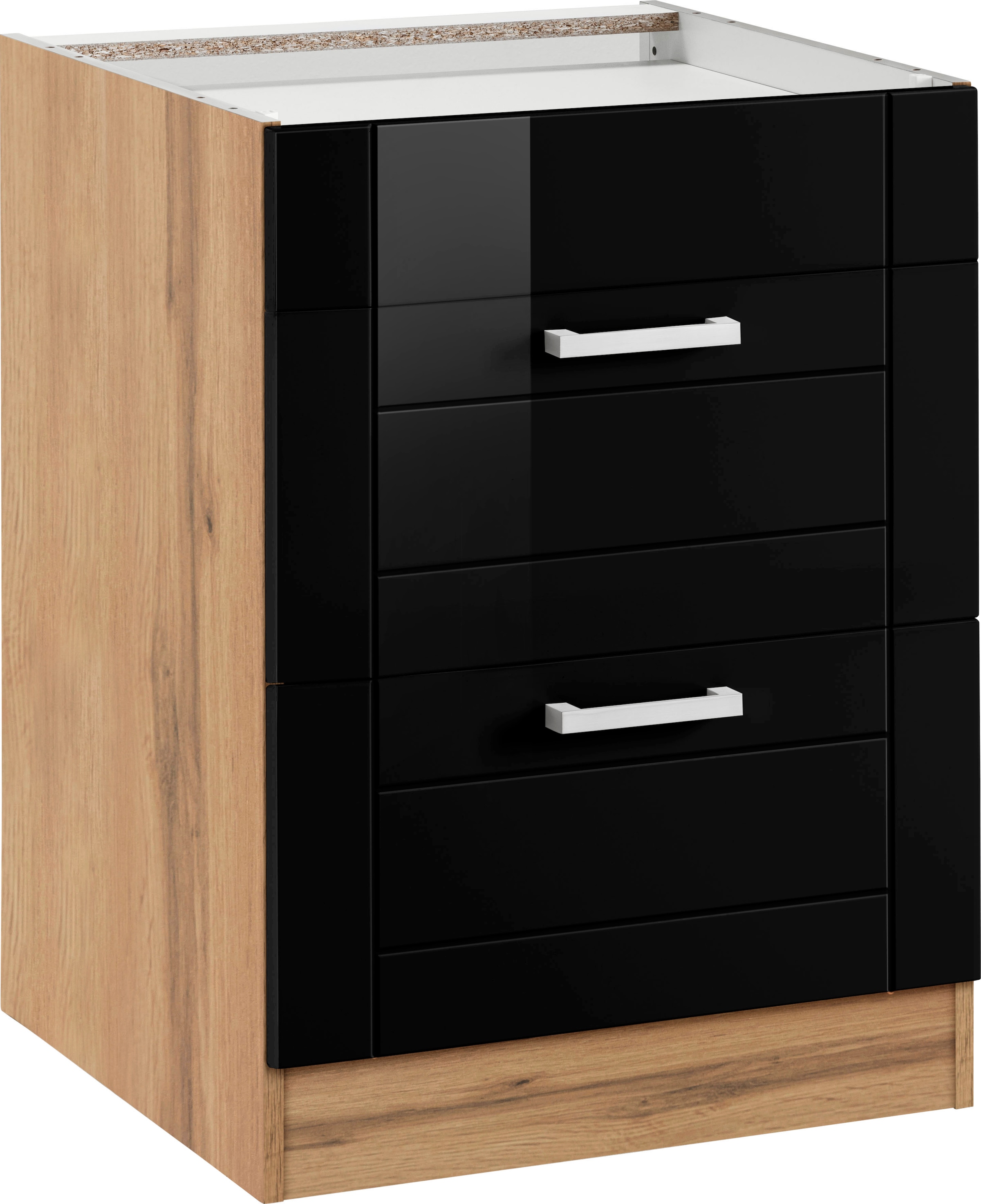 KOCHSTATION Armoire d'encastrement pour table de cuisson »KS-Tinnum« 60 cm de large, 2 tiroirs, poignées métal, façades MDF