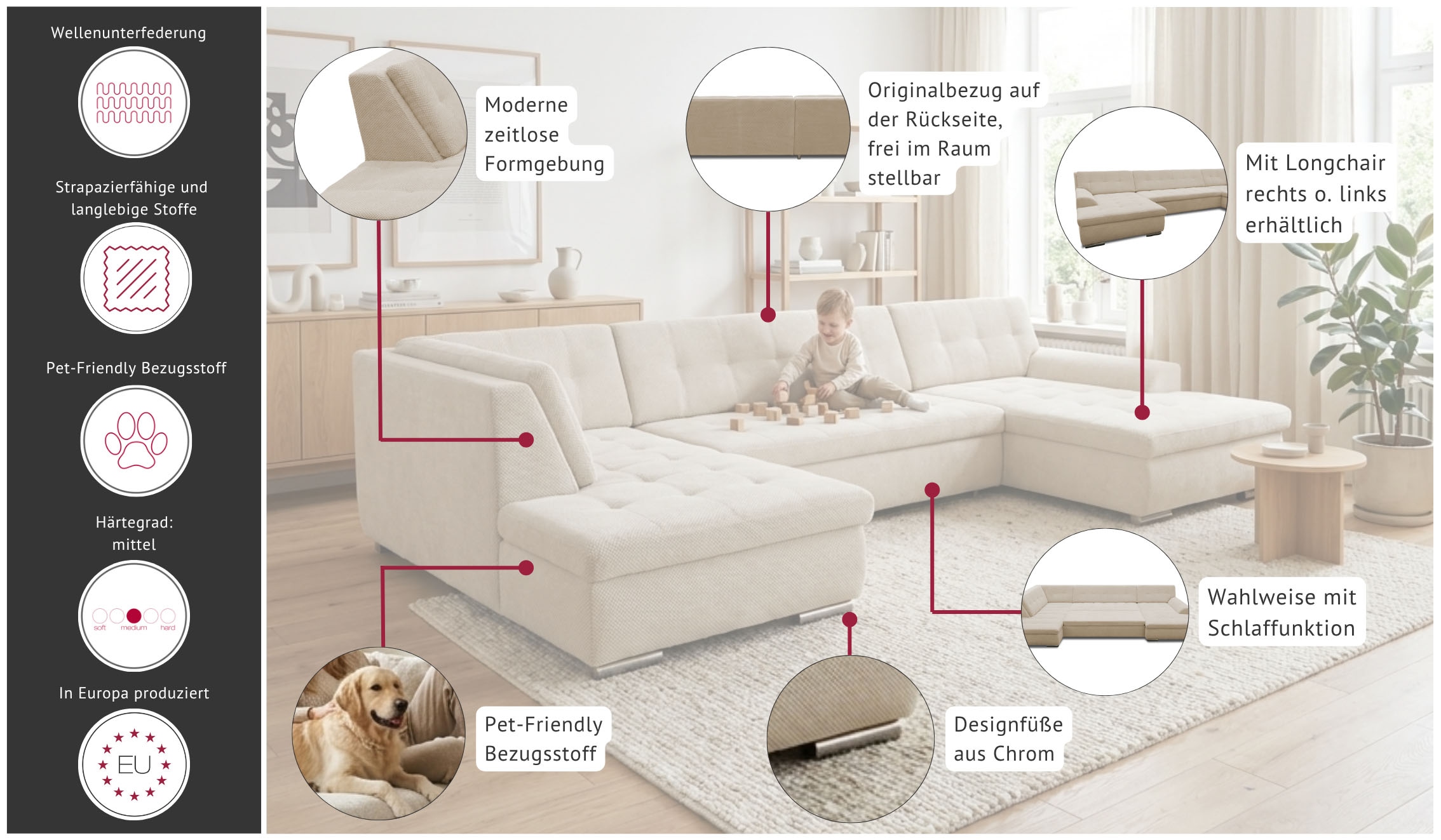 GOODproduct Paysage de salon »Tornby 360 x 201 cm, mit Steppungen, modern & stabil« forme en L, revêtement Pet Friendly adapté aux animaux