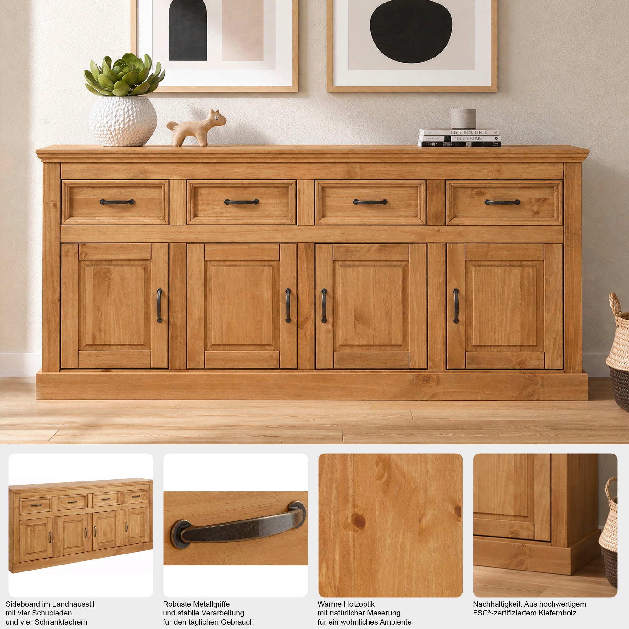 GOODproduct Buffet »Selma Kommode mit 4 Türen und 4 Schubladen, Metallgriffe« Commode avec 4 portes et 4 tiroirs